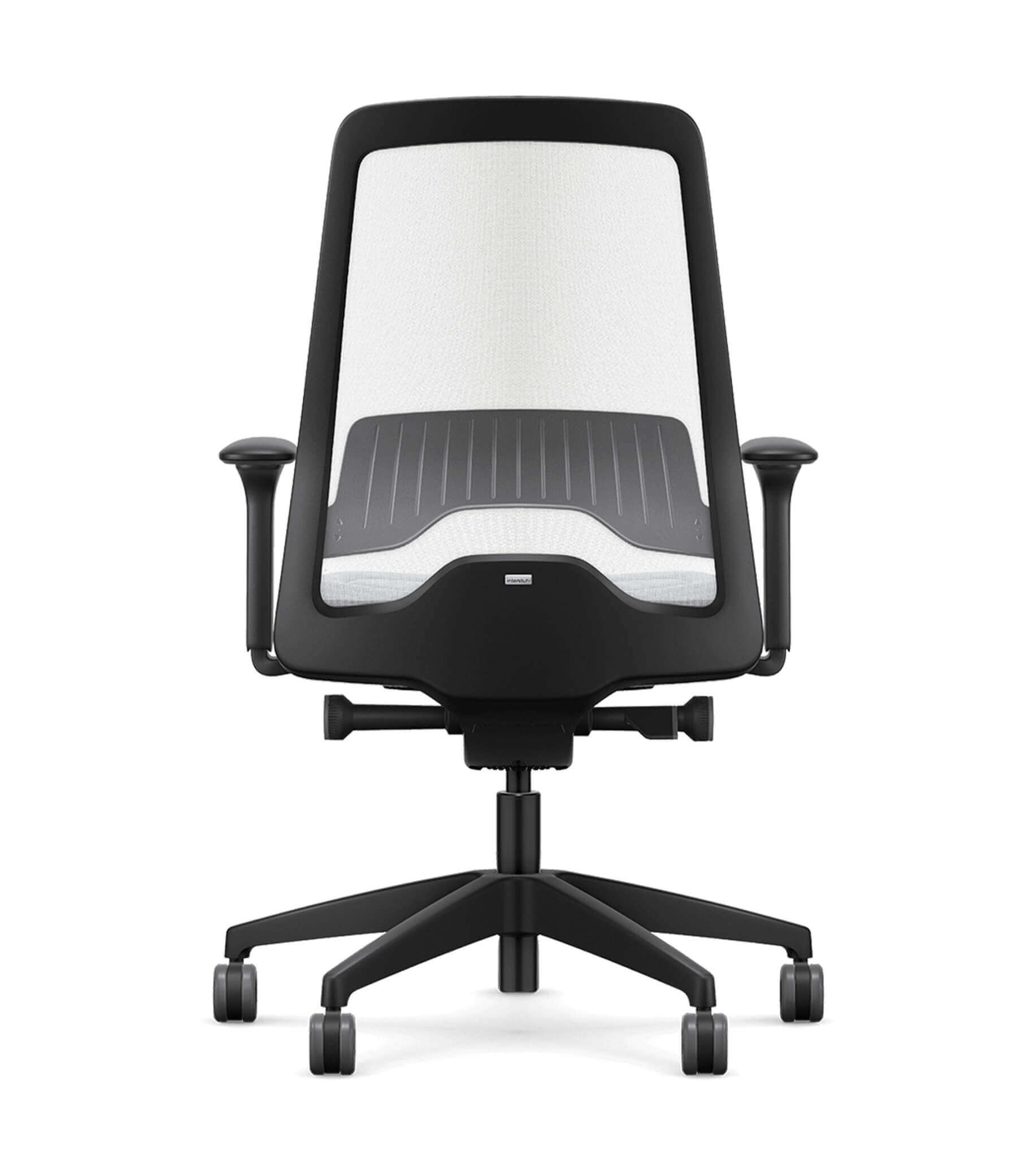 Ergonomic office chair with white mesh back and T-armrests featuring Flextech synchro mechanism for active sitting and spine support.