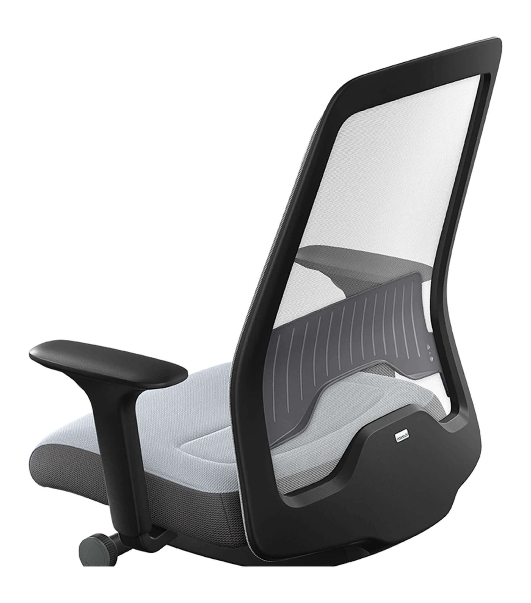 Ergonomic chair with Flextech synchro mechanism, white mesh back, and T-armrests for improved posture and blood circulation.