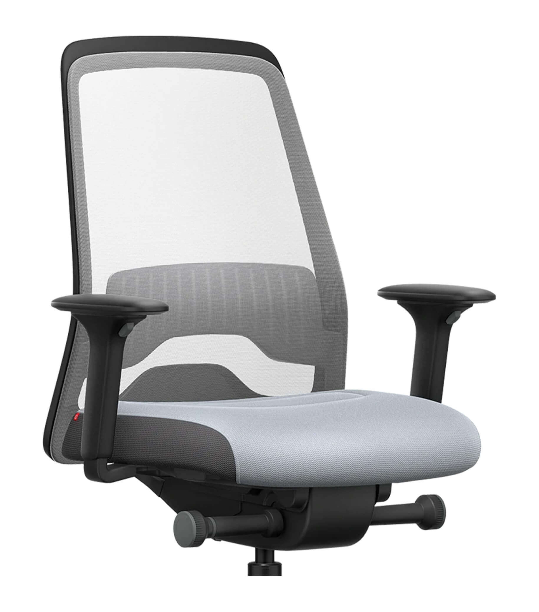 Ergonomic office chair with white mesh back and adjustable T-armrests, featuring Flextech synchro mechanism for active sitting.