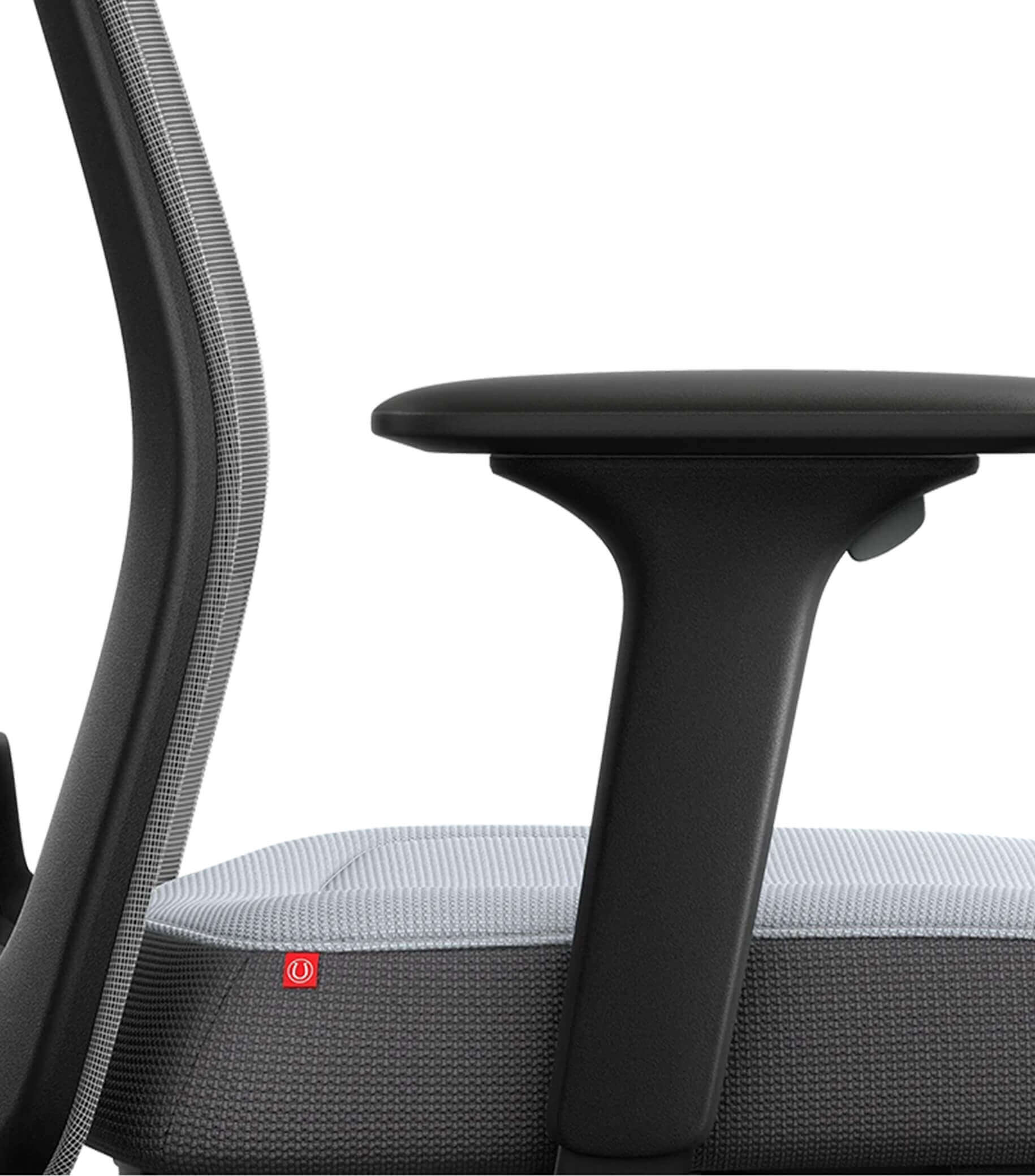 Ergonomic office chair with white mesh back and adjustable T-armrests for active sitting, featuring Flextech synchro mechanism.