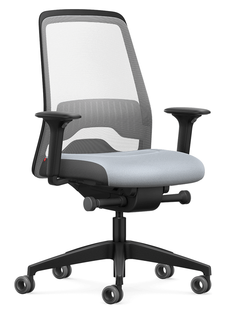 Ergonomic office chair with white mesh back, Flextech Synchro Mechanism, and adjustable T-armrests for active sitting.