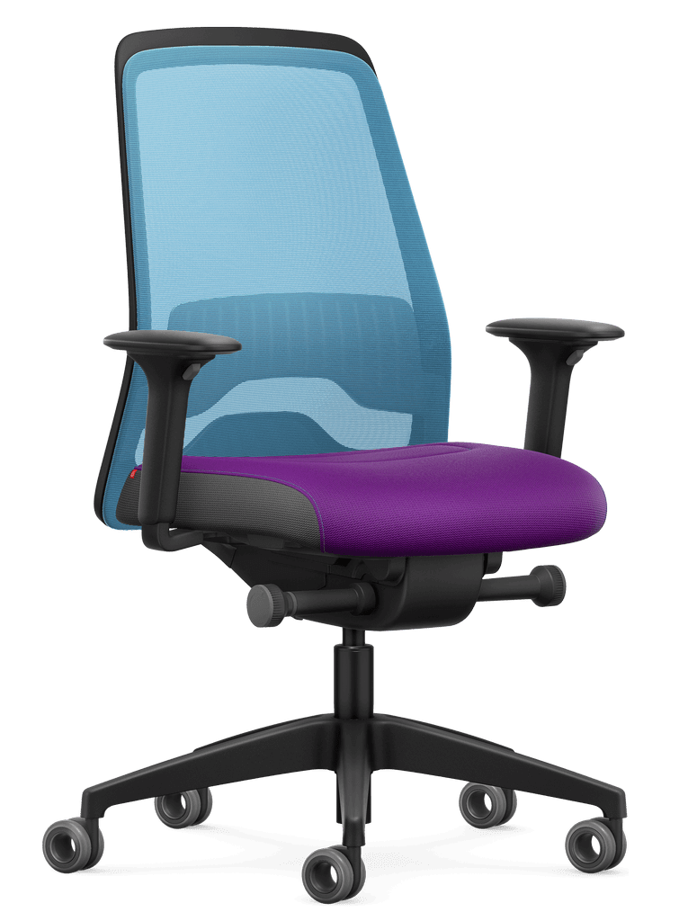 Light blue mesh-back office chair with T-armrests and purple seat featuring Flextech synchro mechanism for ergonomic sitting.