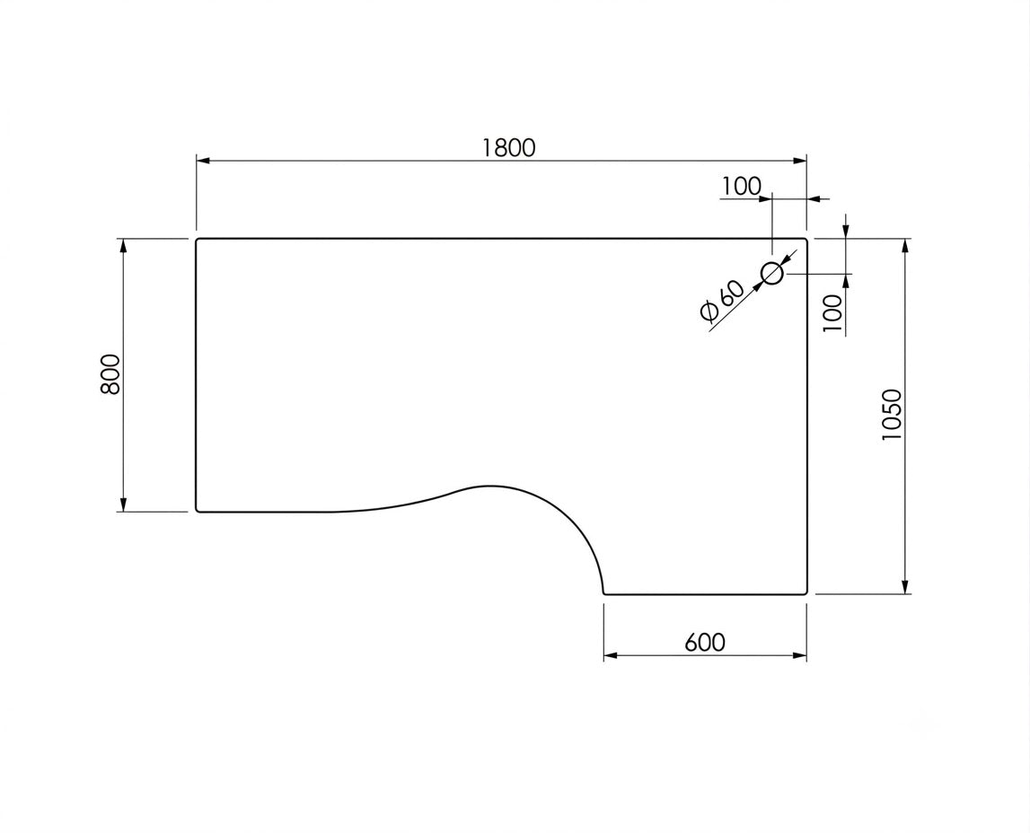 Dimension drawing of the 1800 x 1050 mm L-shaped desk top with 600 and 800 mm depths marked