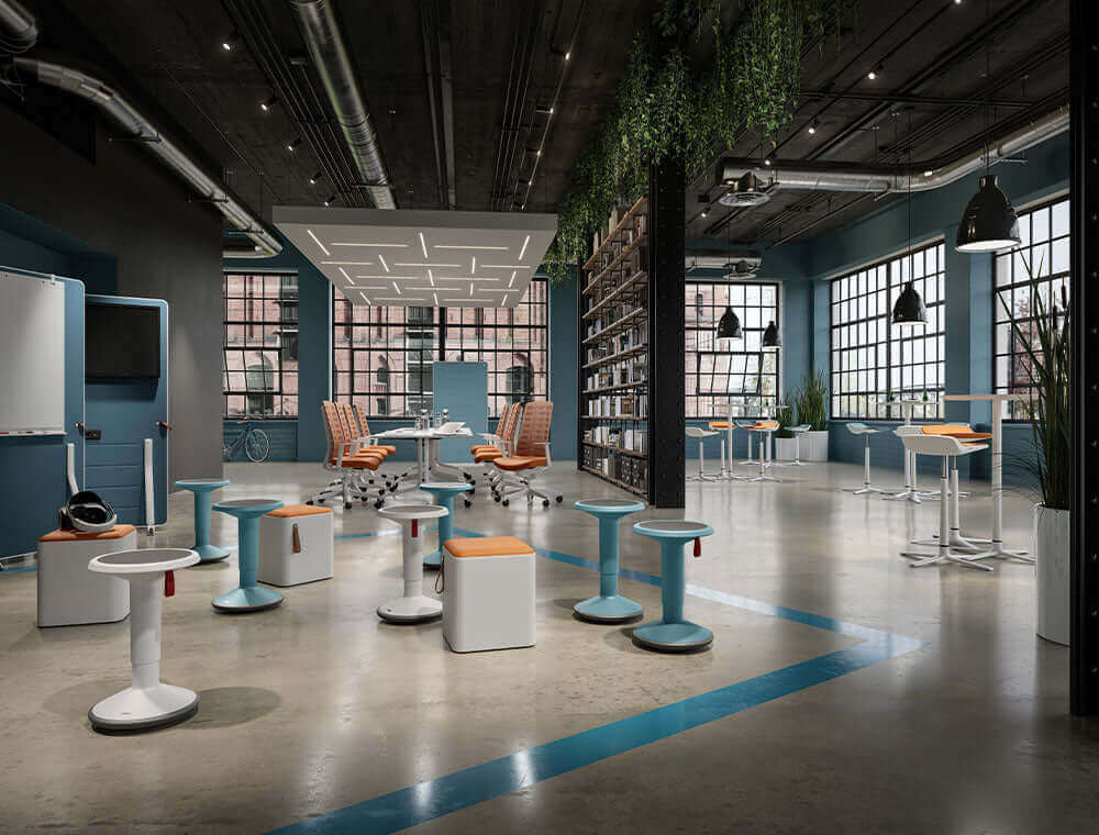 modern coworking space featuring UPis1 active chairs and various functional furniture elements in a stylish interior.
