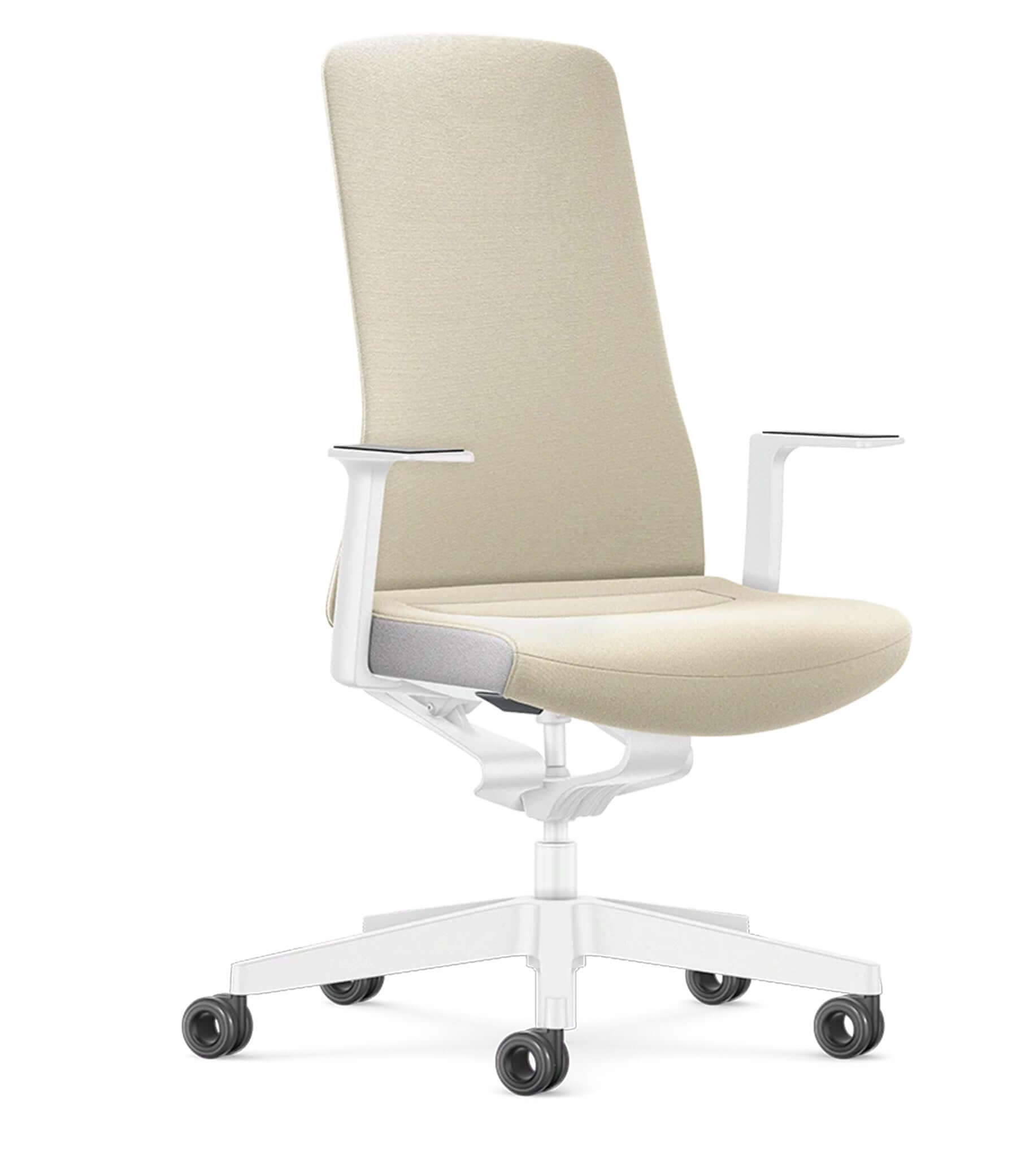 Ergonomic office chair with padded backrest and Smart-Spring technology, in a white color scheme, featuring adaptive comfort and mobility.