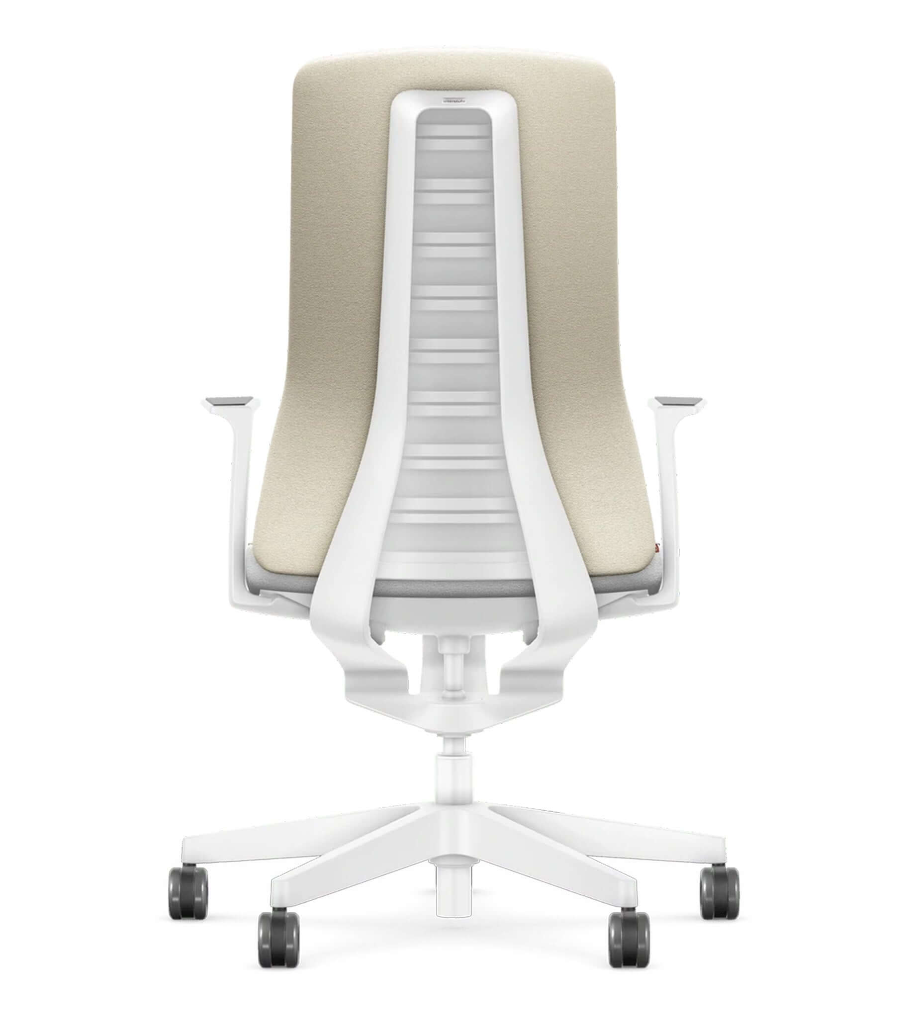 Ergonomic white office chair with padded backrest featuring Smart-Spring technology for active seating and improved posture.