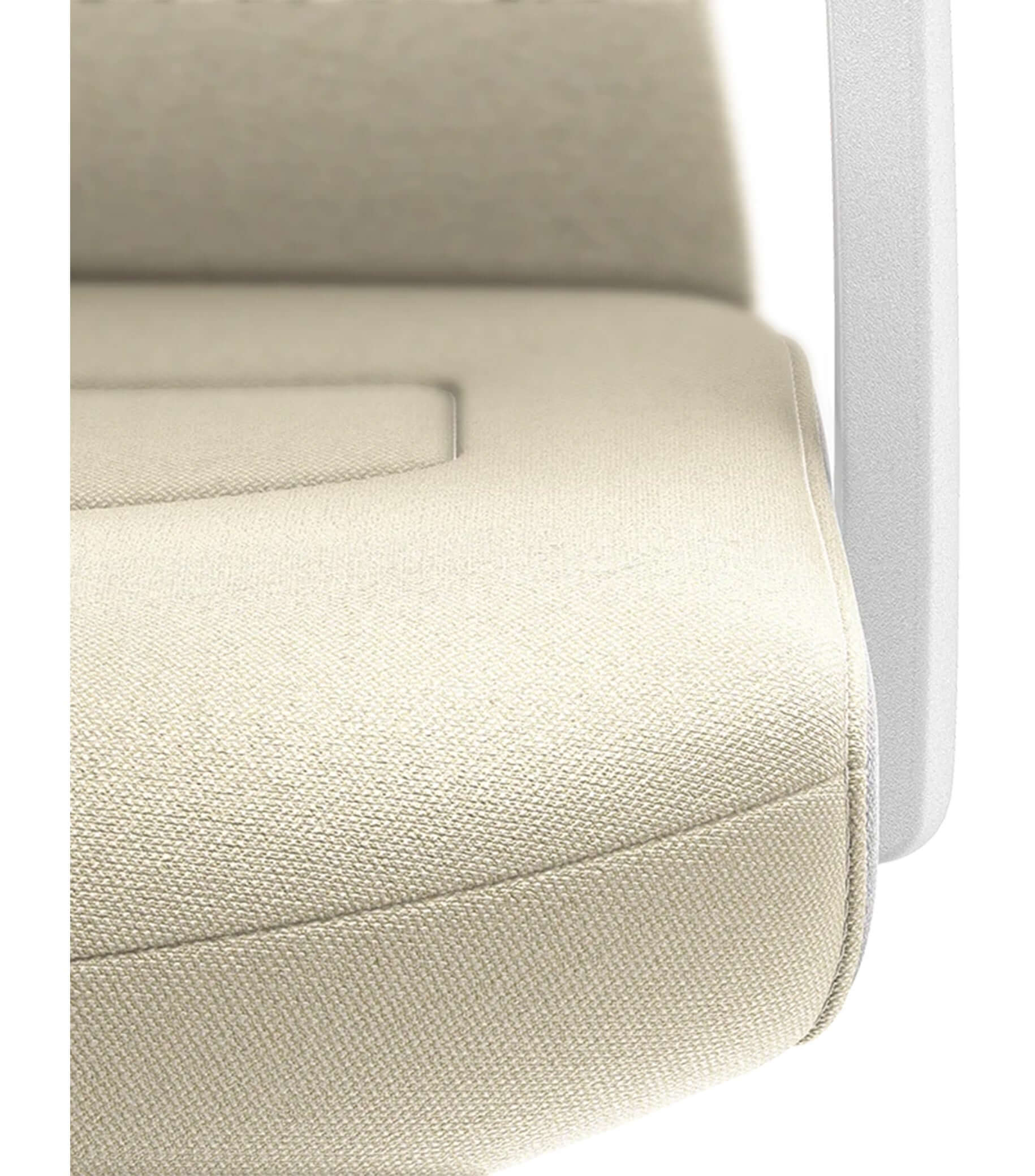 Close-up of PURE Interior Edition #01 chair featuring Smart-Spring technology, padded backrest, and white Era upholstery.