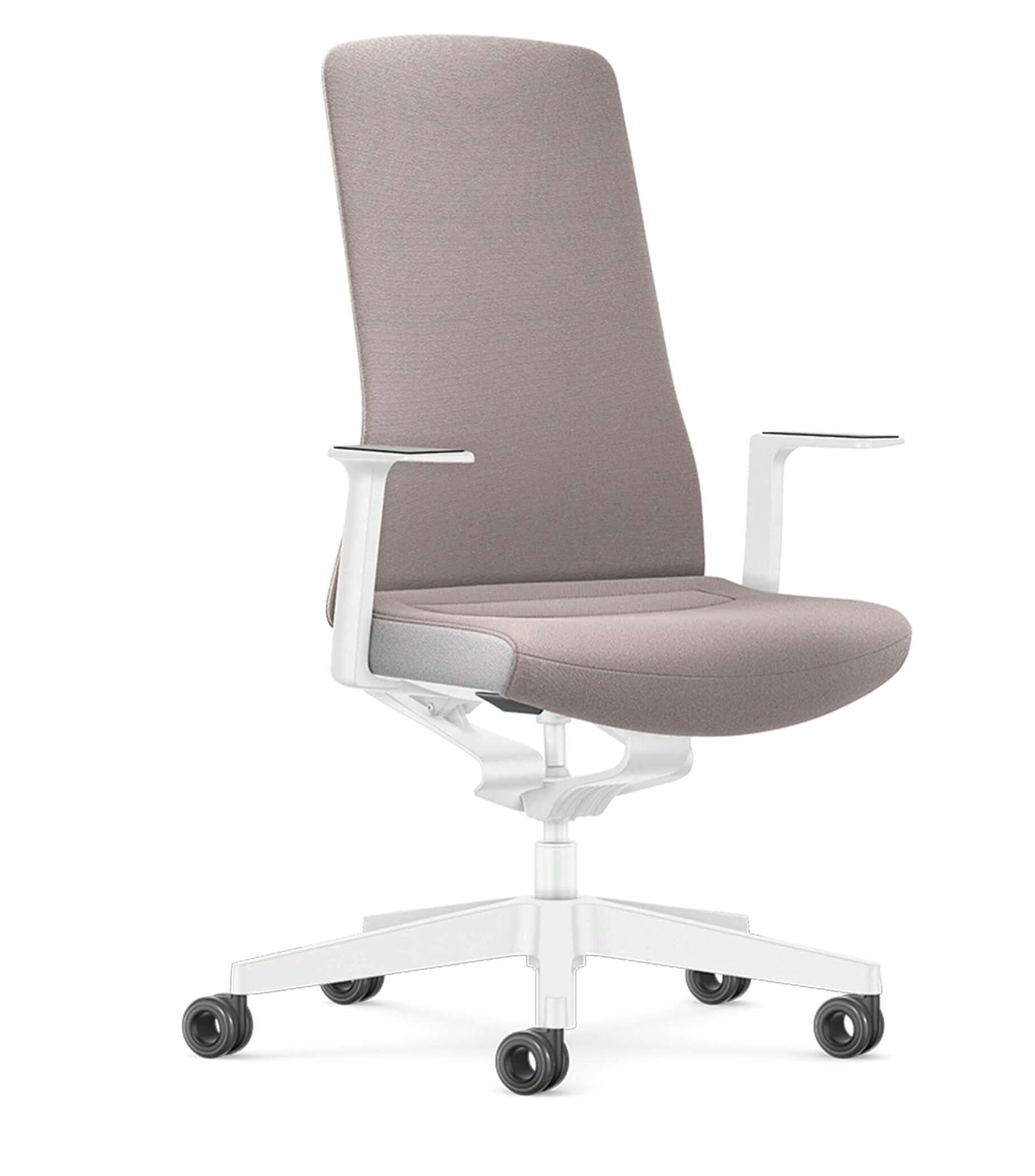 Ergonomic office chair with Smart-Spring technology, padded backrest, white frame, and versatile wheels for active seating.