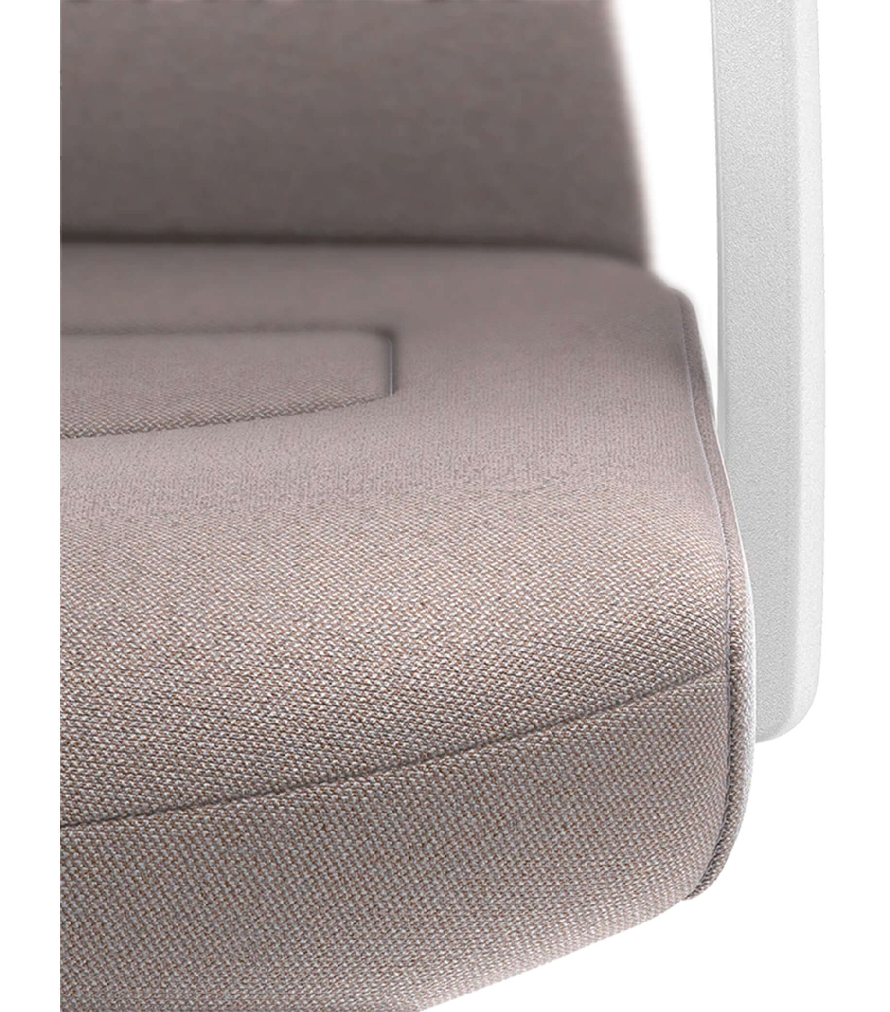 Close-up of PURE Interior Edition #02 chair seat showcasing beige Era upholstery and ergonomic Smart-Spring technology.
