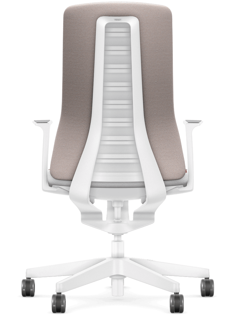 Ergonomic white office chair with Smart-Spring technology, padded backrest, and advanced mobility features for active sitting.