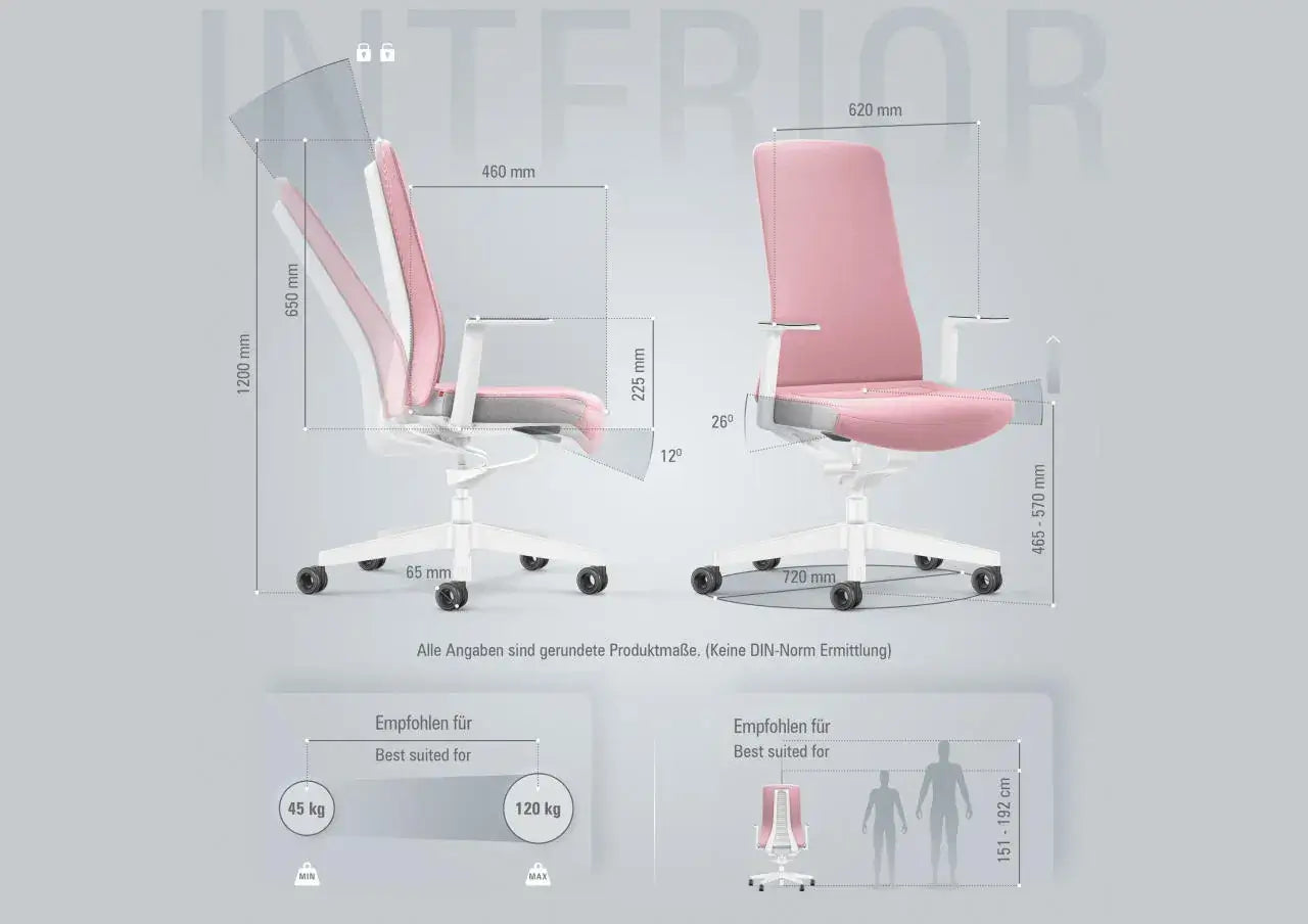 Ergonomic office chair with Smart-Spring technology in white and pink, showcases dimensions and weight capacity for optimal comfort.