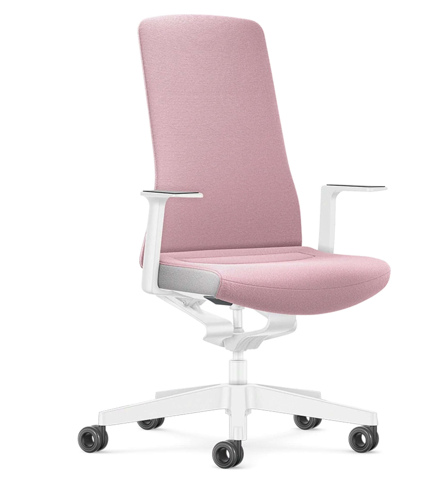 Ergonomic office chair with Smart-Spring technology, padded backrest, Era rosa upholstery, and white frame for active sitting.