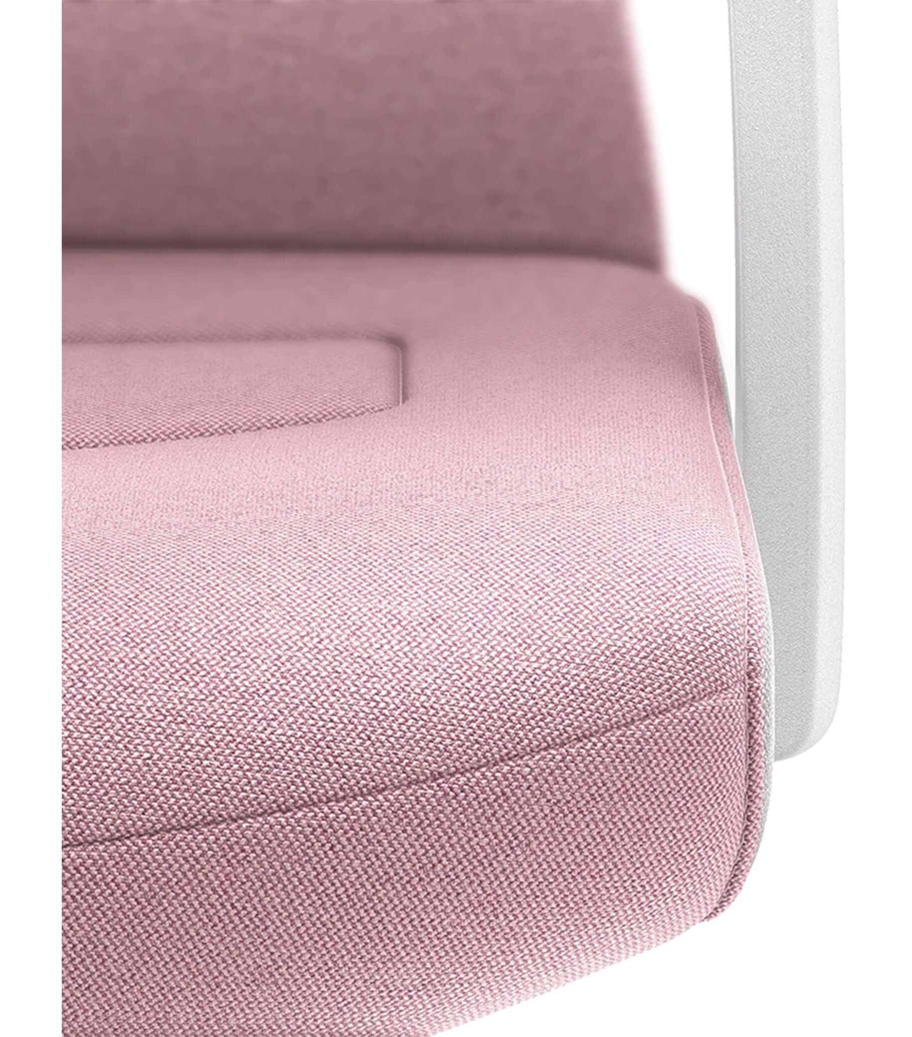 Close-up of padded backrest with pink Era rosa upholstery, showcasing Smart-Spring ergonomic design for PURE Interior Edition chair.