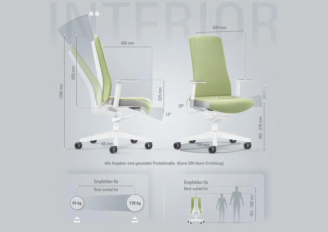 Ergonomic office chair with Smart-Spring technology, green upholstery, adjustable backrest, promotes movement and blood circulation.