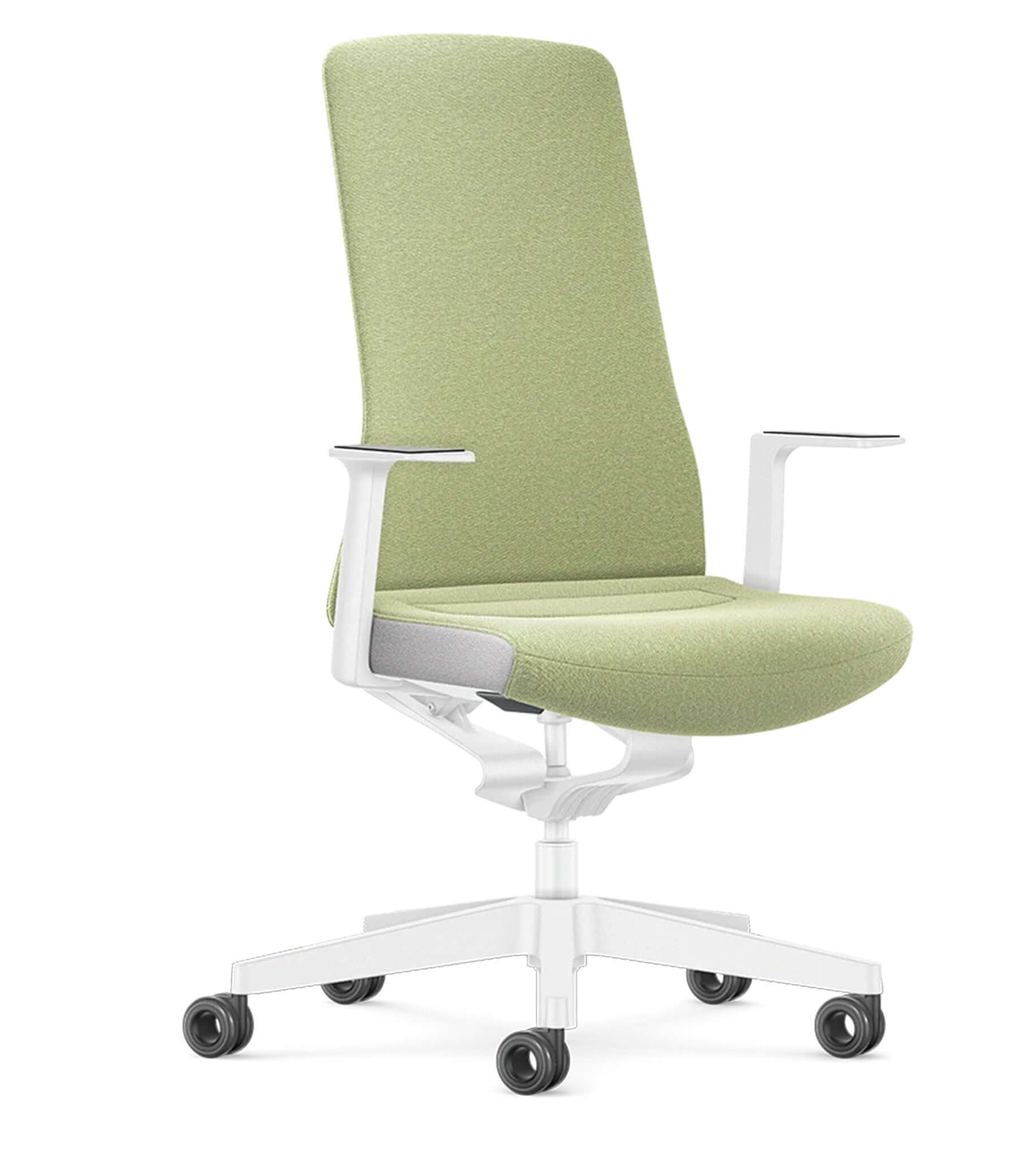 Ergonomic office chair with green upholstery, white frame, and Smart-Spring technology for enhanced movement and comfort.