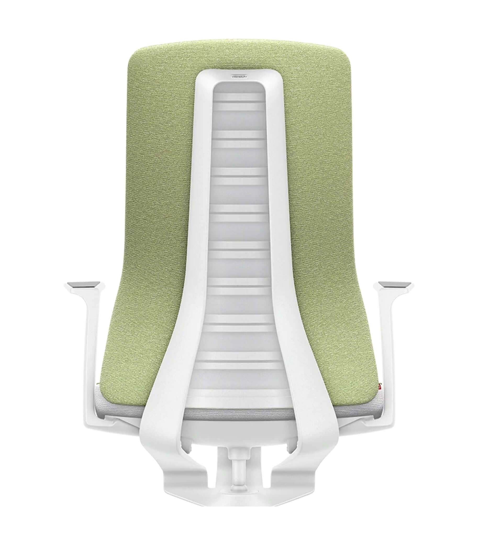 Ergonomic chair with Smart-Spring technology, padded green backrest, white frame, offering active sitting and spinal support.