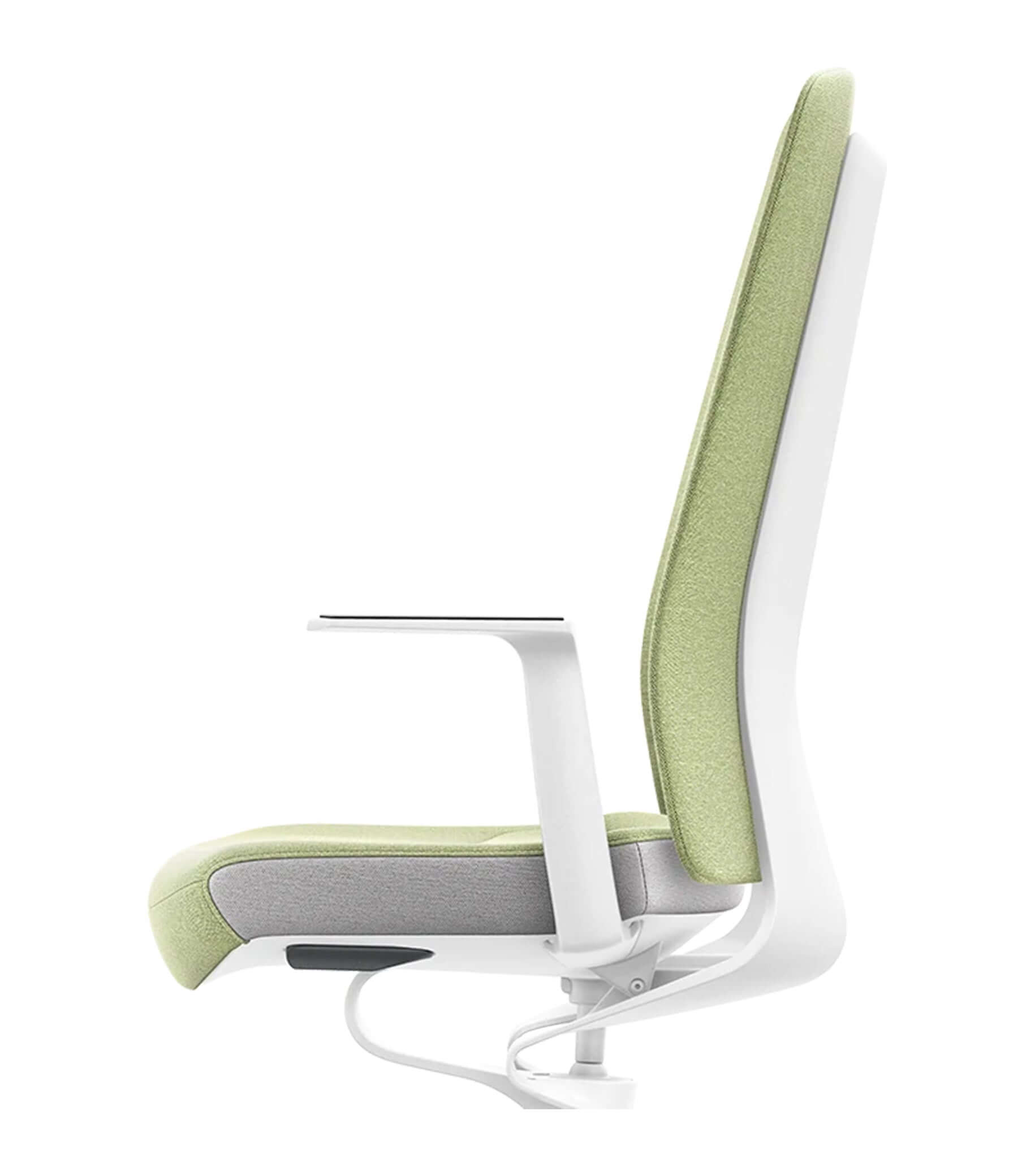 Ergonomic chair with Smart-Spring technology, white color scheme, and padded green backrest from PURE Interior Edition #04.