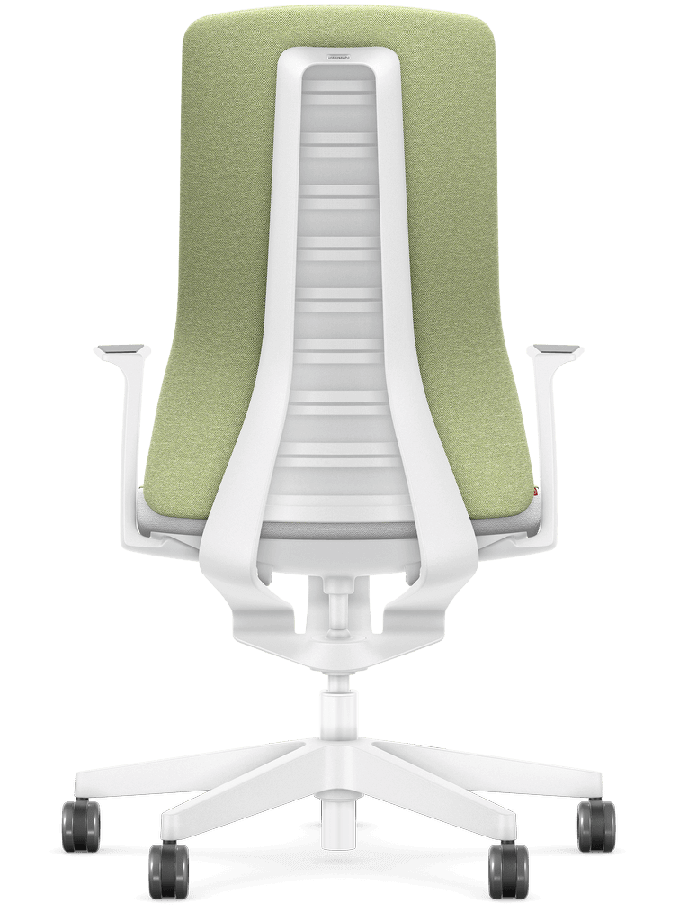 Ergonomic office chair with Smart-Spring technology, white frame, padded backrest, green upholstery, enhances movement and comfort.