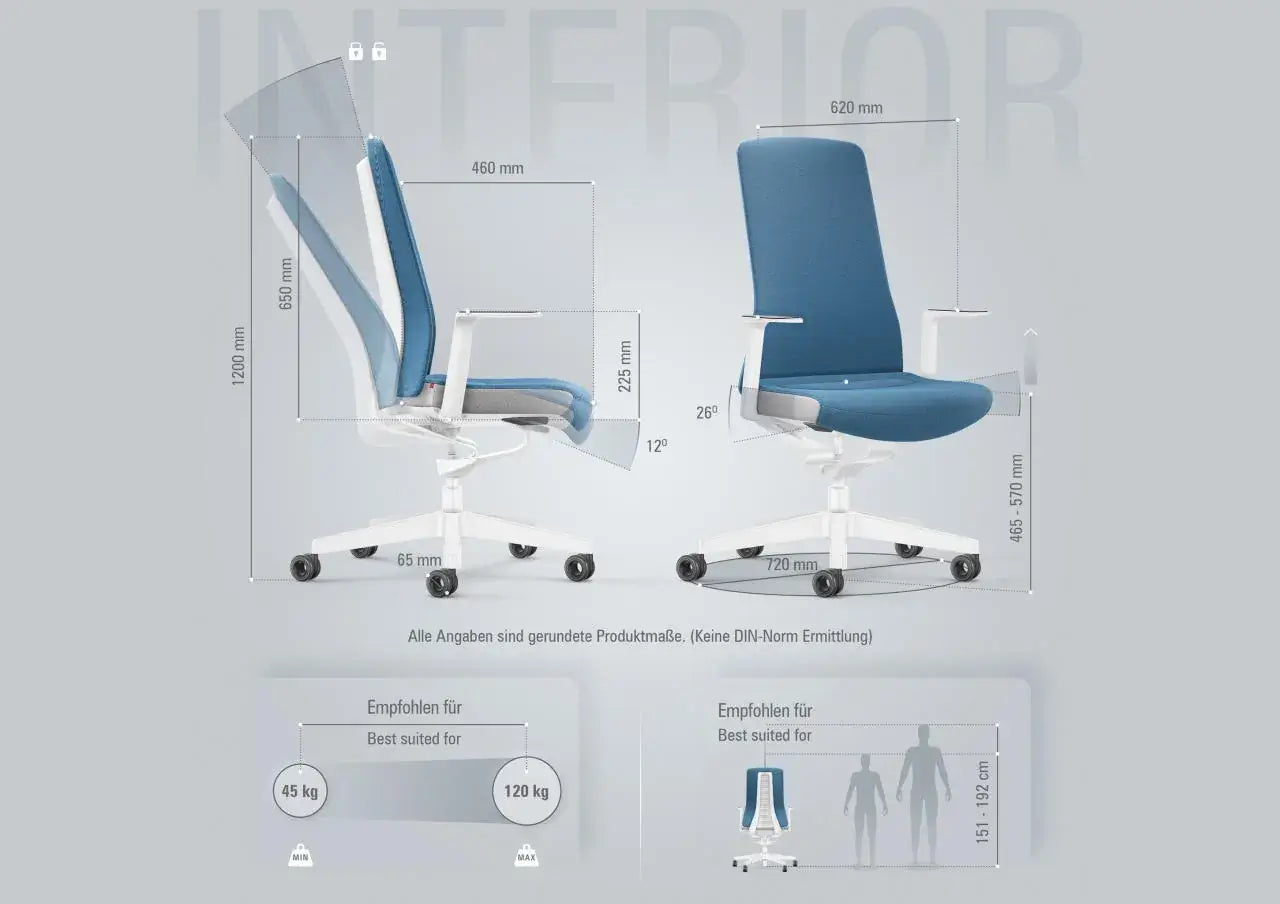 Smart-Spring chair in Era blue, ergonomic design with dimensions and weight limits, featuring white color scheme and padded backrest.
