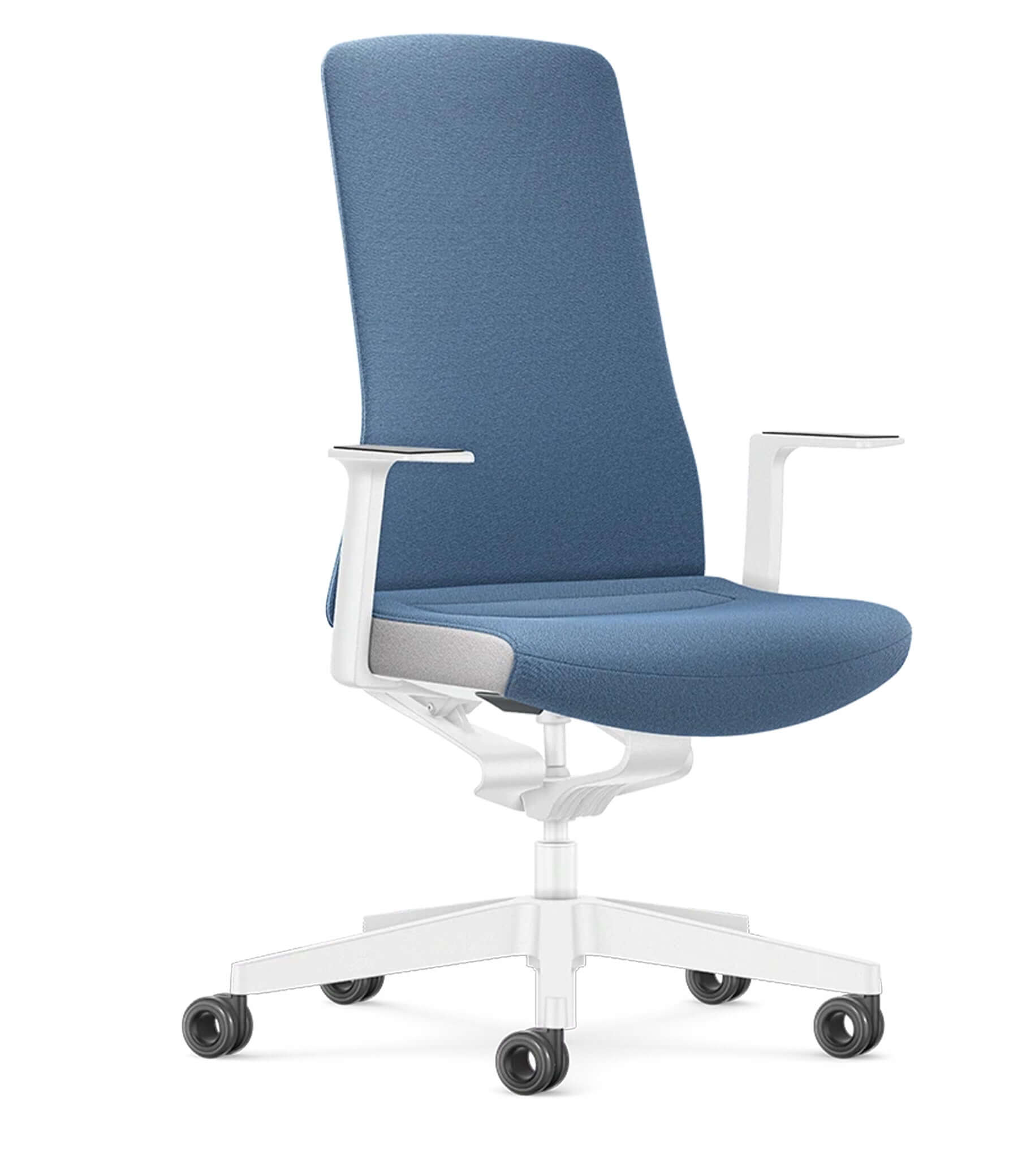 Ergonomic chair with blue upholstery and white frame featuring Smart-Spring technology for enhanced movement and comfort.