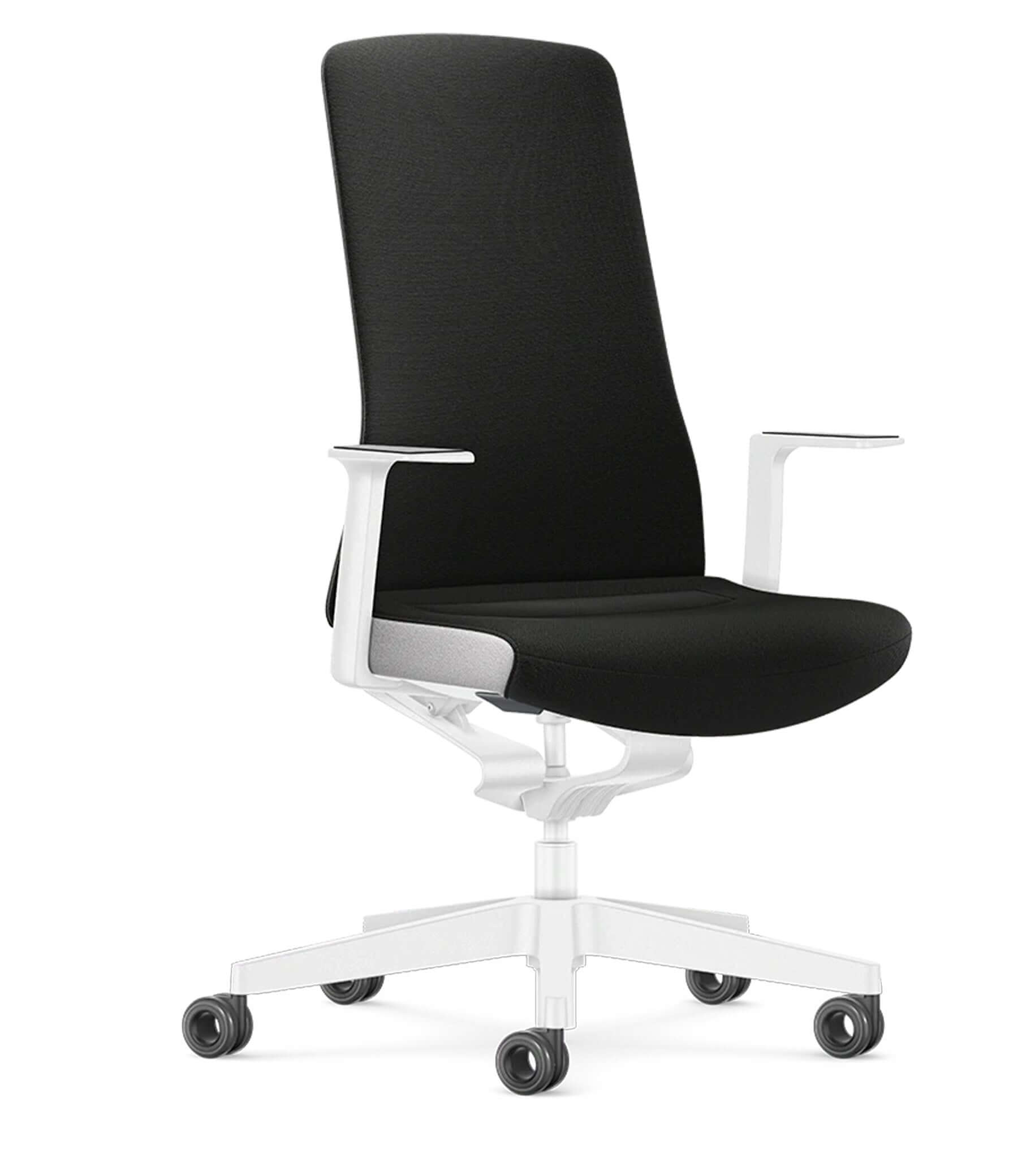 Ergonomic black office chair with Smart-Spring technology and padded backrest, featuring a white frame and wheels for active sitting.
