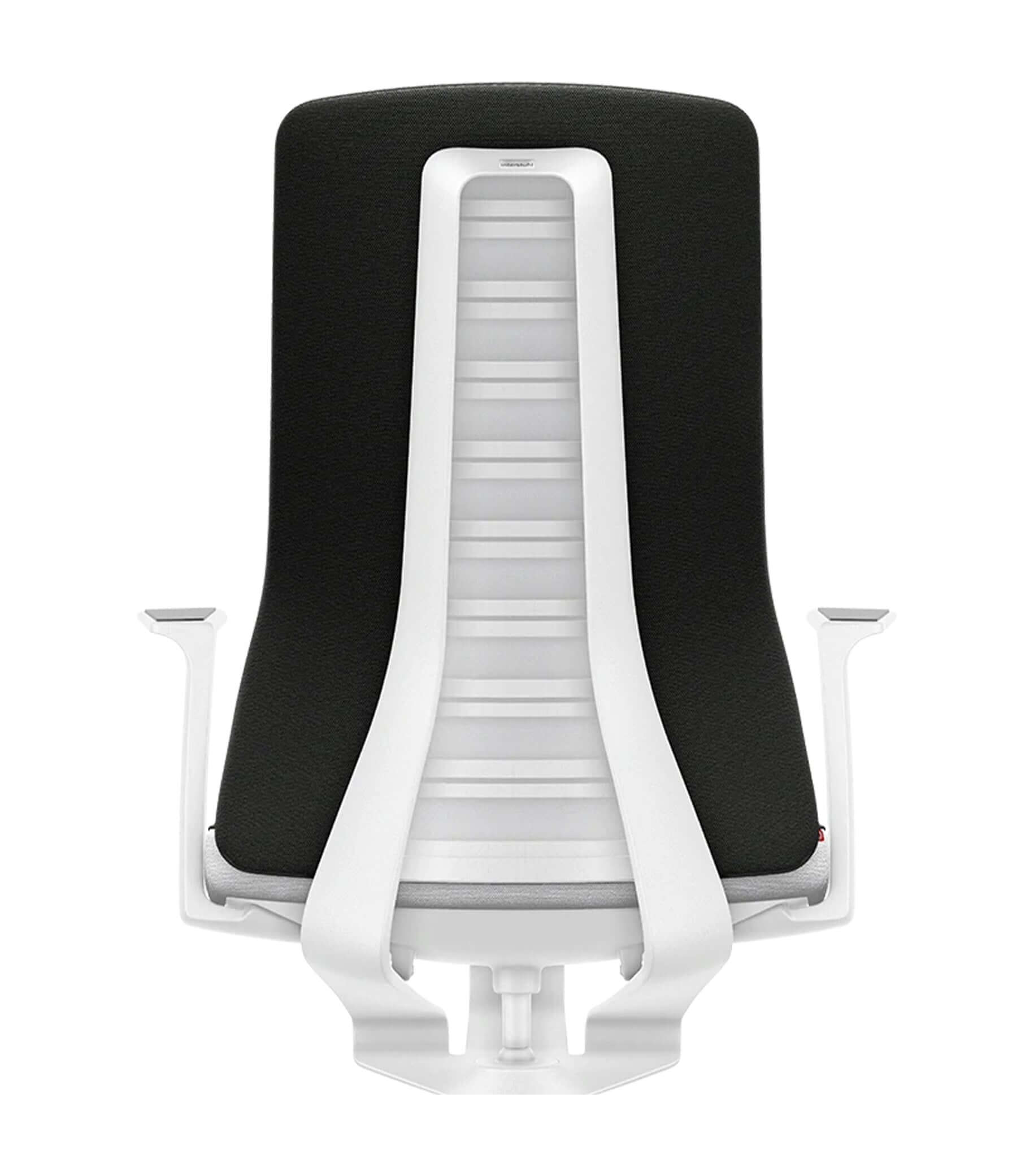 Modern ergonomic chair with padded black backrest and white frame, featuring Smart-Spring technology for active sitting and movement.