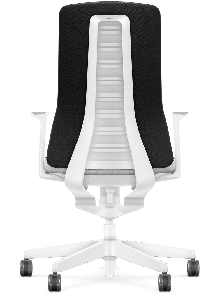 Ergonomic office chair with Smart-Spring technology, white frame, padded backrest, and wheels for enhanced mobility and comfort.