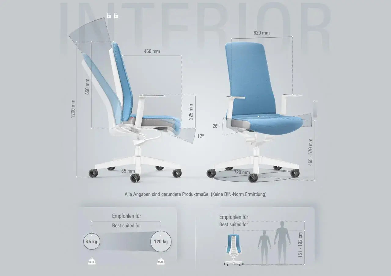 Ergonomic office chair with Smart-Spring technology for active sitting and enhanced mobility, shown in blue with measurements.