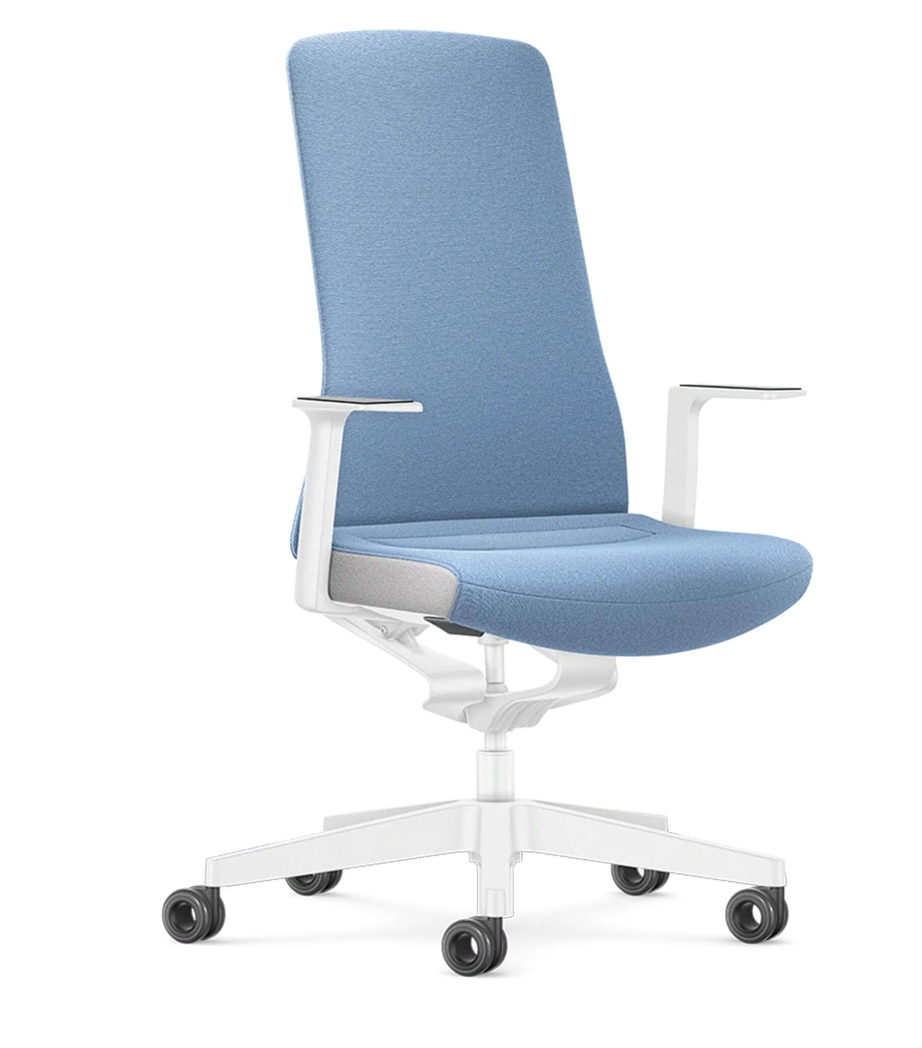 Ergonomic office chair with blue fabric upholstery, white frame, and wheels, featuring Smart-Spring technology for active sitting.