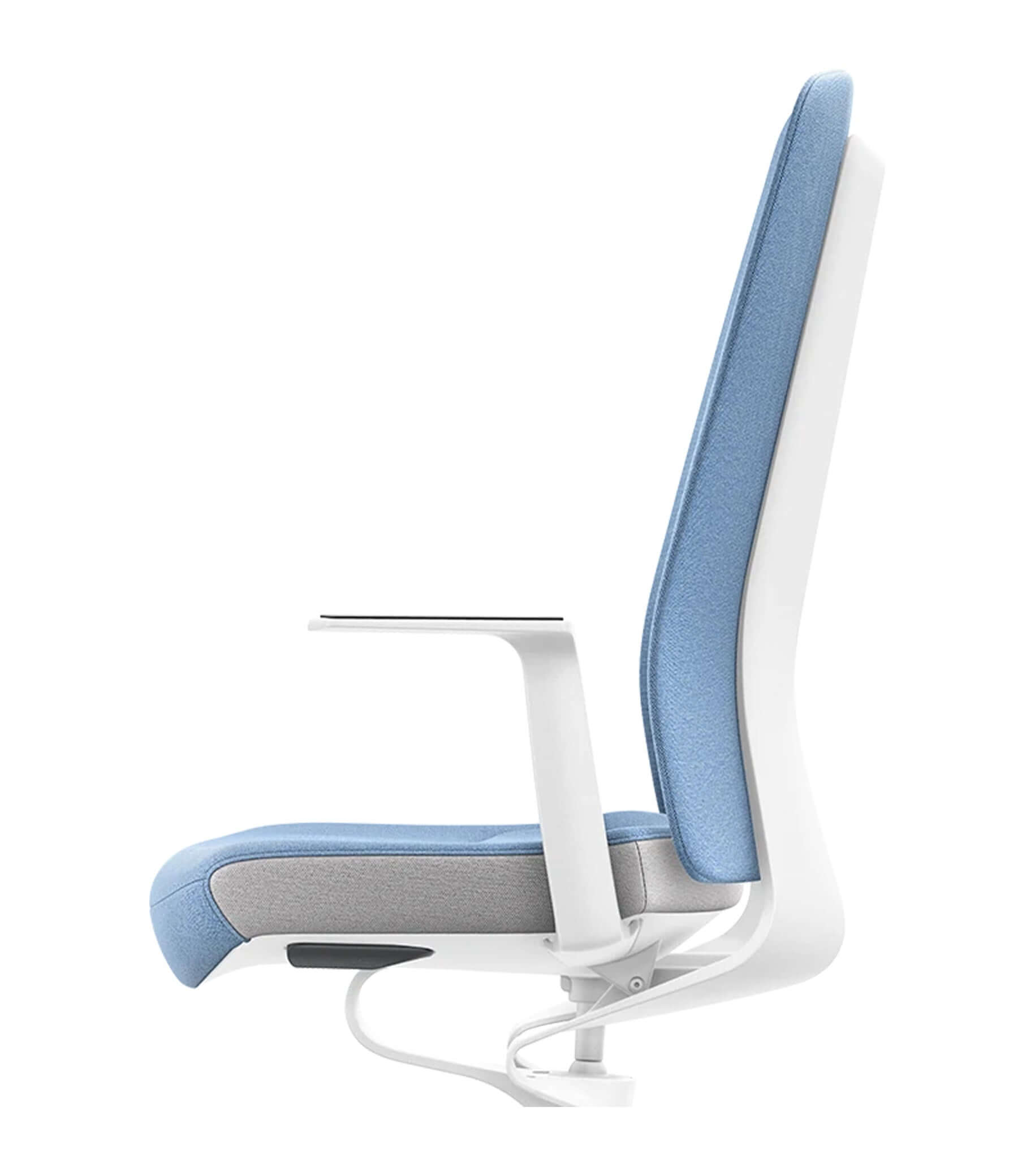 Modern office chair with padded blue backrest, featuring Smart-Spring technology for ergonomic sitting and improved movement.