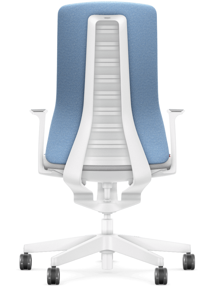 Ergonomic office chair with Smart-Spring technology, consistently white frame, padded blue backrest, and wheeled base.