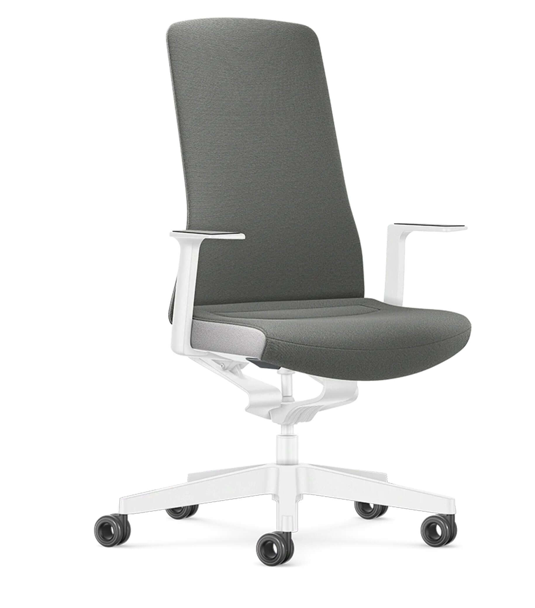 Modern office chair with Smart-Spring technology, grey upholstery, white frame, ergonomic design, enhances movement and circulation.