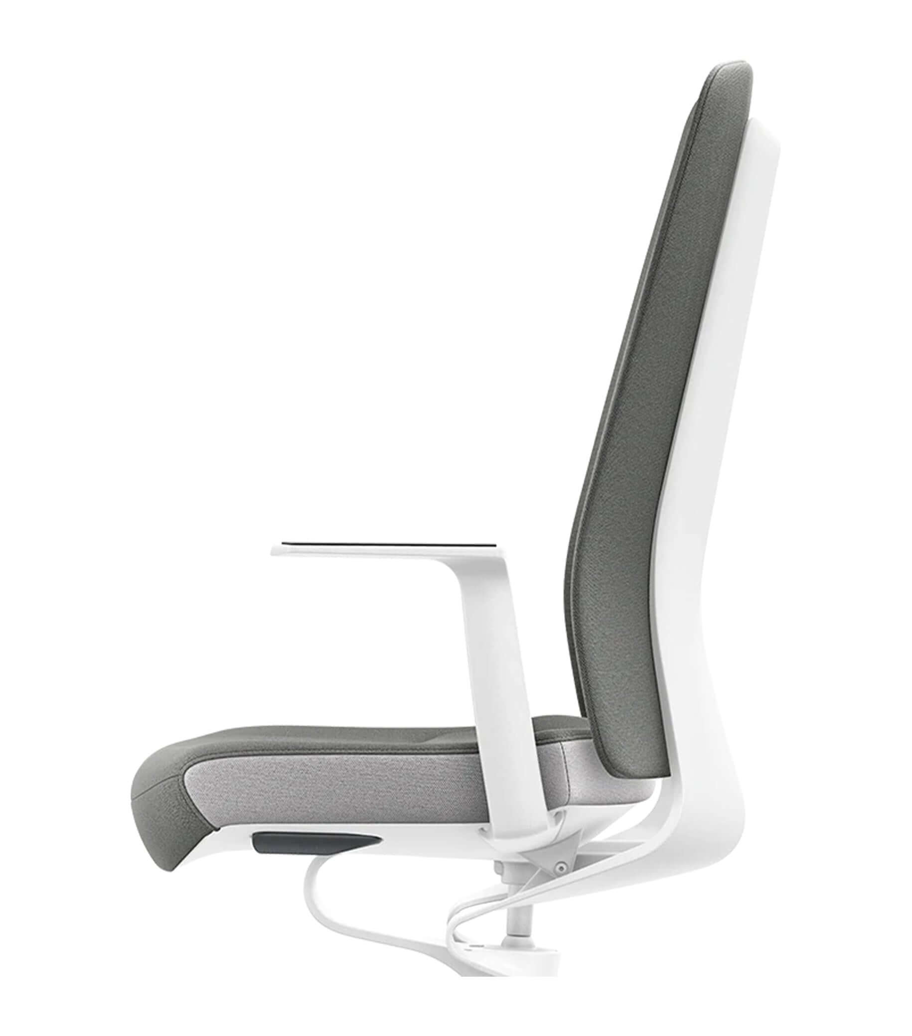 Ergonomic office chair with Smart-Spring technology, white frame, and Era Grey padded upholstery, promoting active sitting and movement.