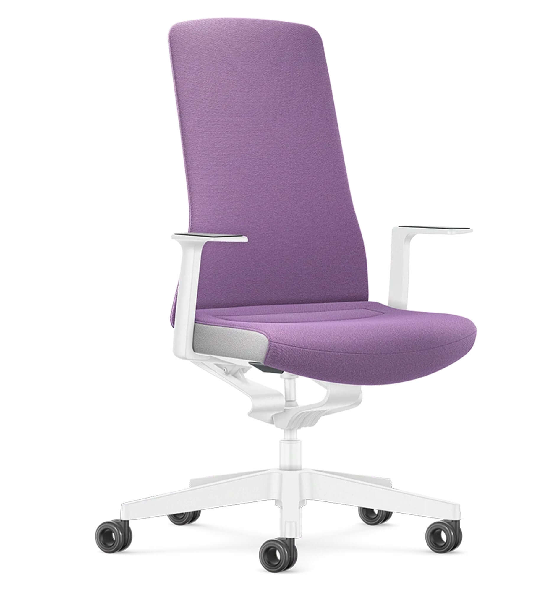 Purple ergonomic office chair with white base featuring Smart-Spring technology for enhanced comfort and mobility.