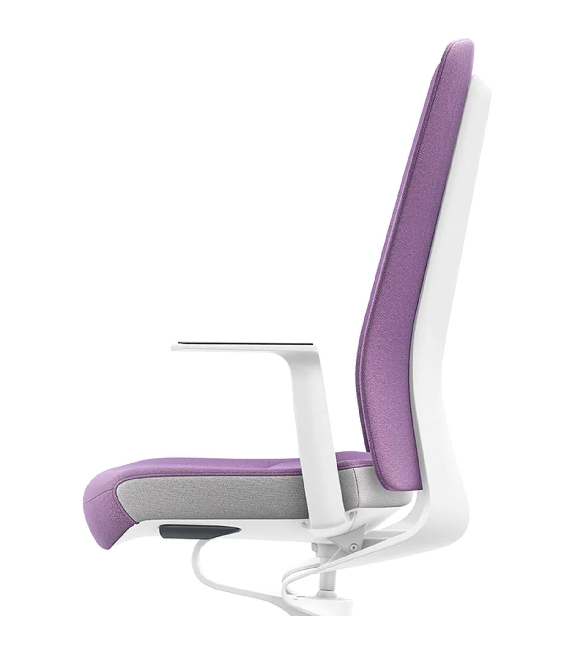 Ergonomic chair with Smart-Spring technology in white and purple, featuring padded backrest and Era upholstery for active sitting.