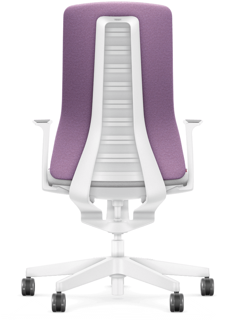 White office chair with purple padded backrest featuring ergonomic Smart-Spring technology for enhanced movement and comfort.