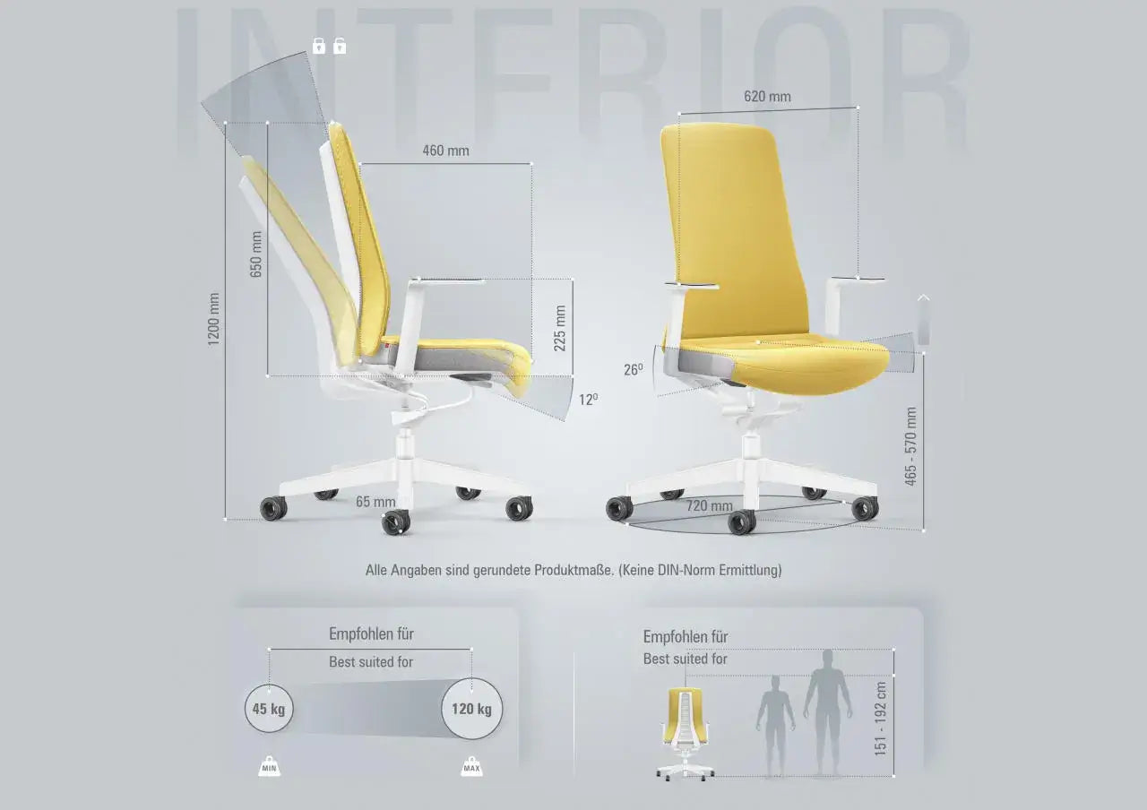 Ergonomic office chair with Smart-Spring technology, yellow padded backrest, white base, designed for movement and comfort.