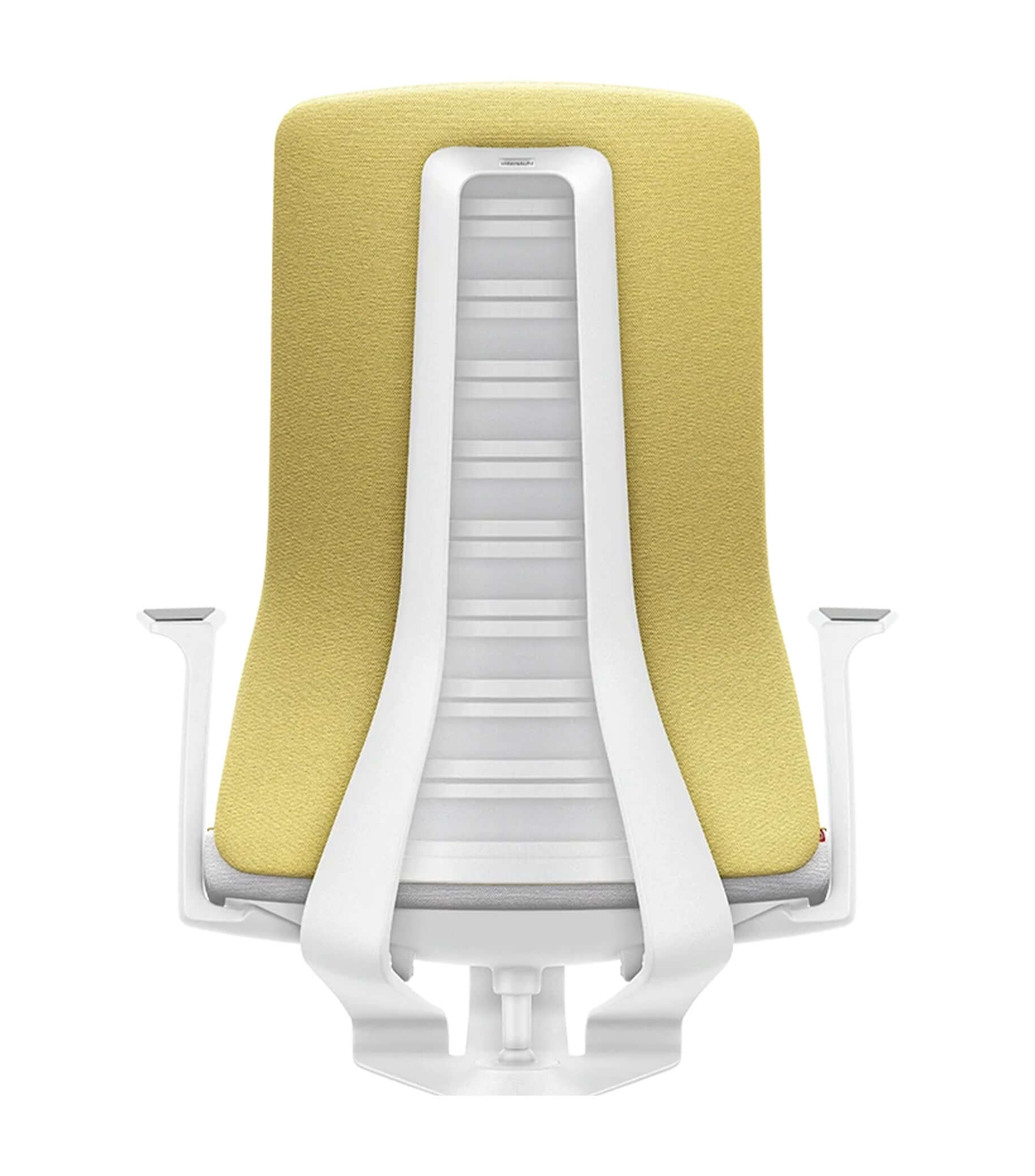 Modern ergonomic chair with yellow padded backrest and white frame featuring Smart-Spring technology for active sitting and mobility.