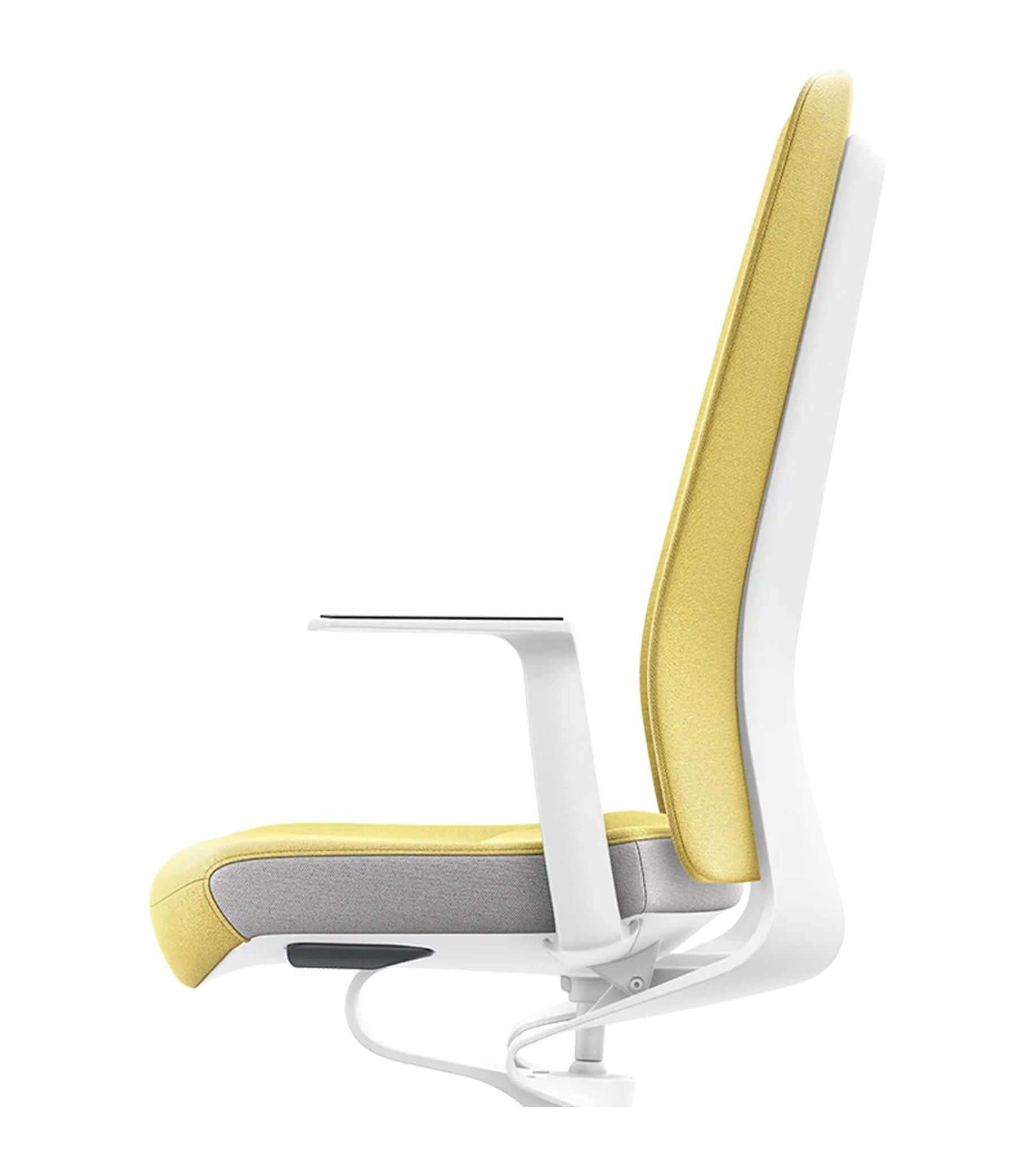 Ergonomic yellow and white chair with Smart-Spring technology, featuring padded backrest and durable upholstery for active sitting.