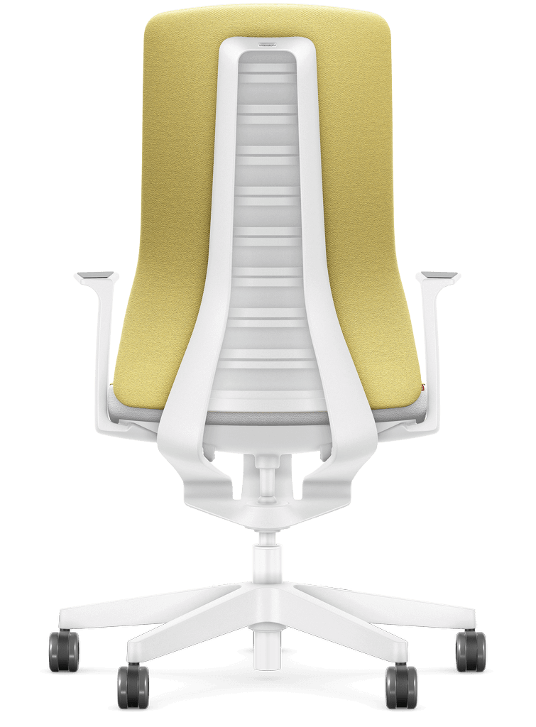 Ergonomic chair with white frame and yellow padded backrest featuring Smart-Spring technology for active sitting and improved posture.