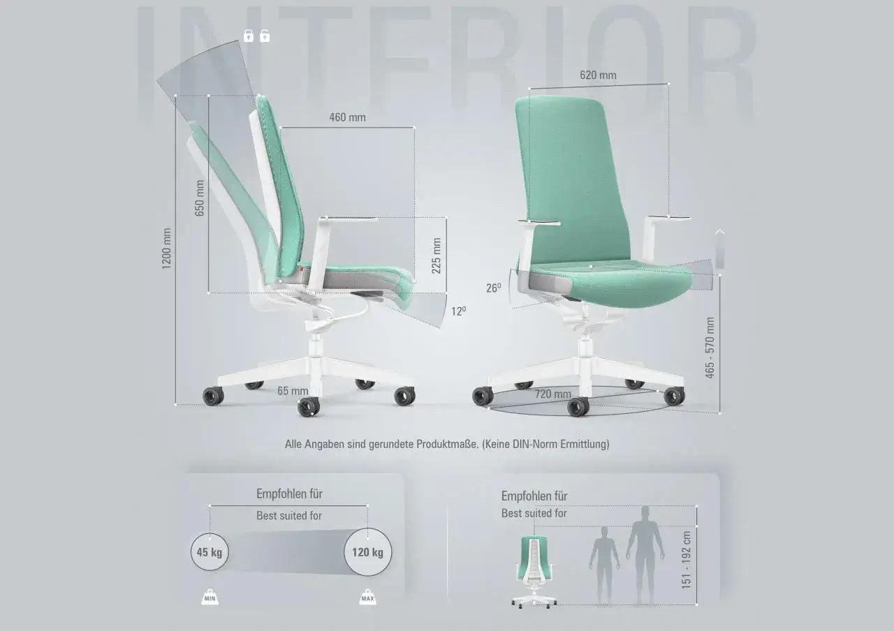 Ergonomic office chair with Smart-Spring technology, adjustable for different weights, featuring padded backrest and white design.
