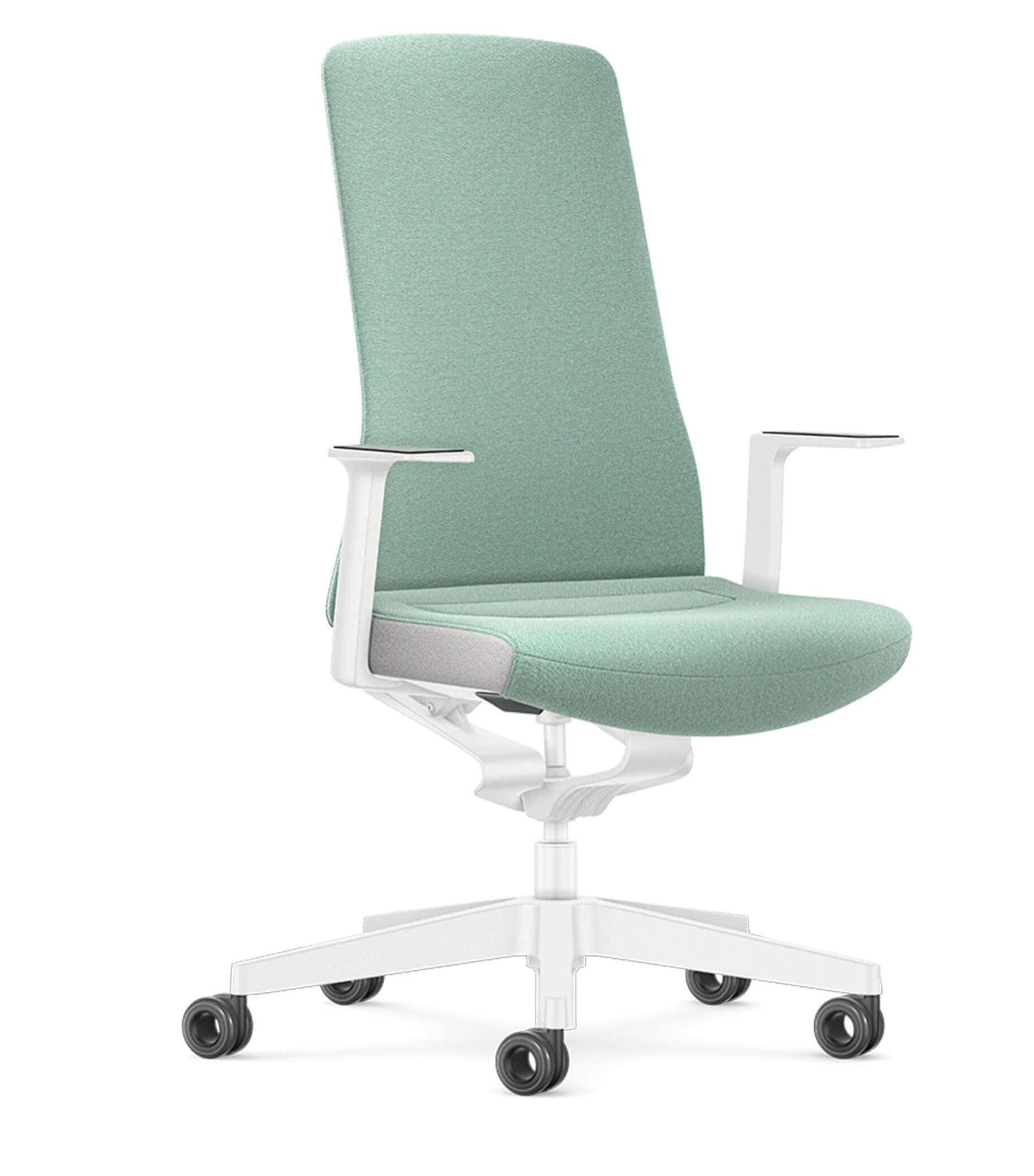 Modern ergonomic office chair with padded backrest, Smart-Spring technology for active sitting, in a sleek white and green design.