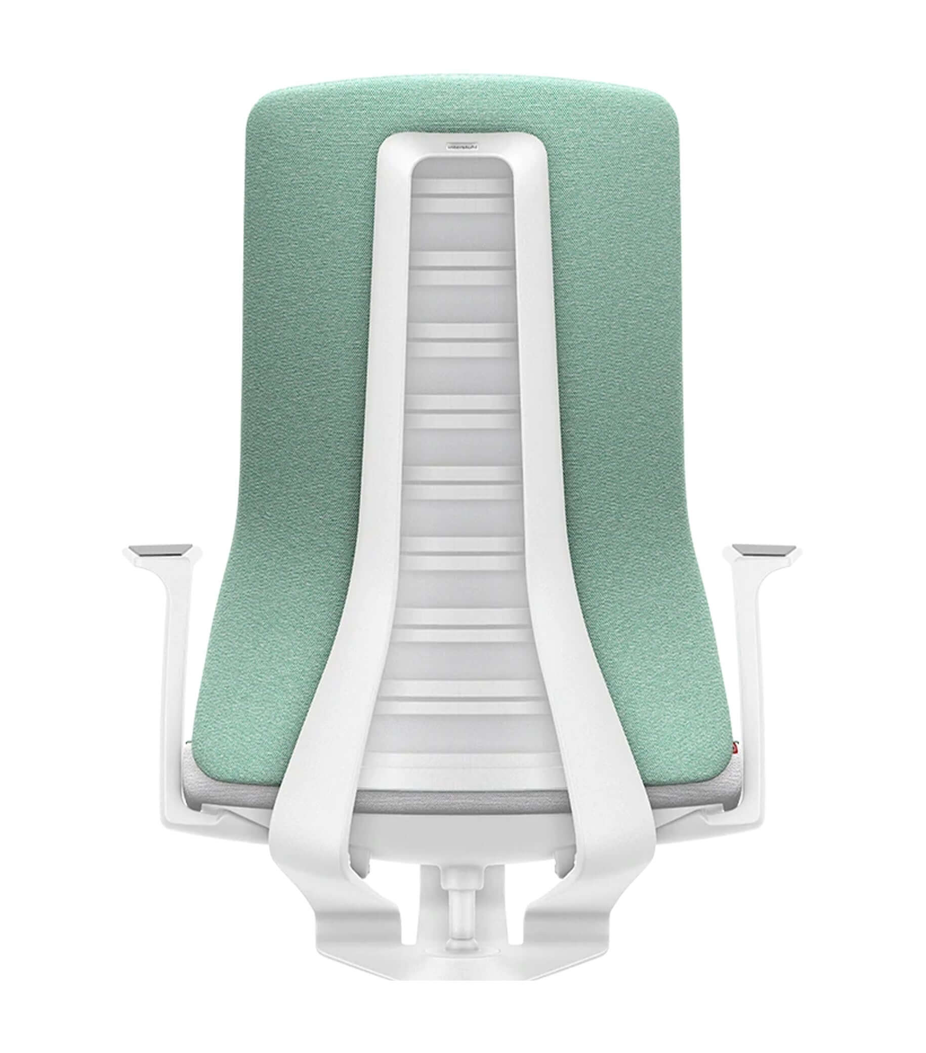 Ergonomic office chair with Smart-Spring technology and padded backrest in green, featuring a white frame and adjustable arms.