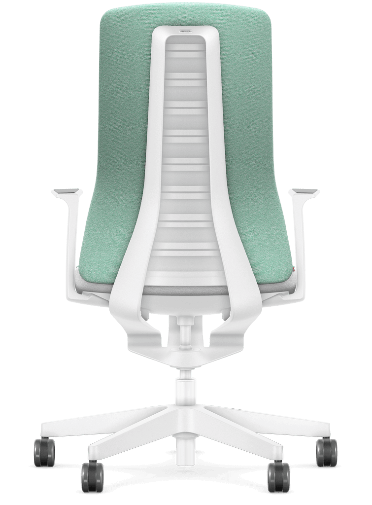 Ergonomic chair with Smart-Spring technology in white, padded backrest, and Era upholstery for improved movement and support.