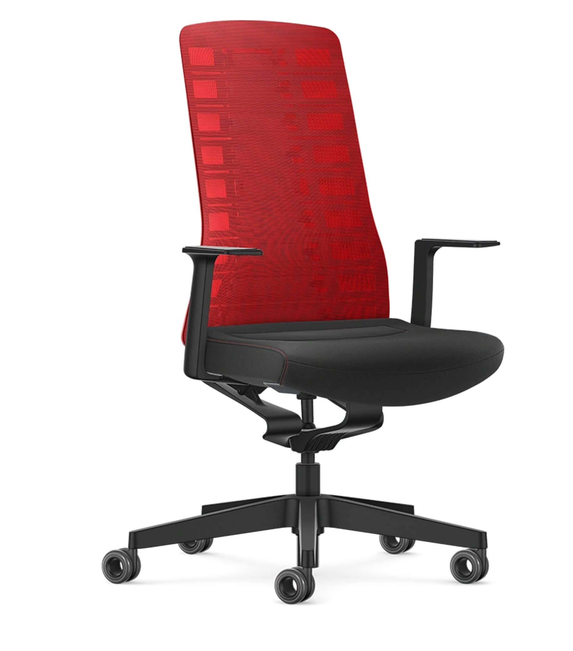Ergonomic office chair with red mesh back and Smart-Spring technology for enhanced freedom of movement and comfort.