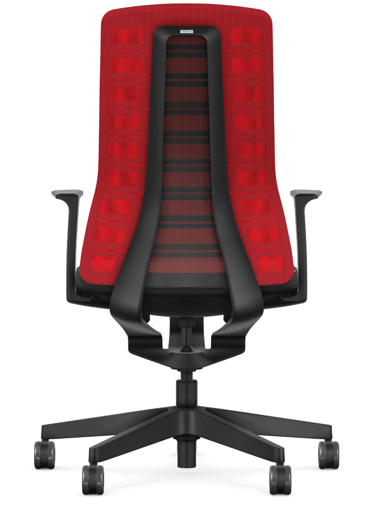 Red mesh ergonomic chair with Smart-Spring technology for active sitting, featuring fixed T-armrests and optional 4D armrests.