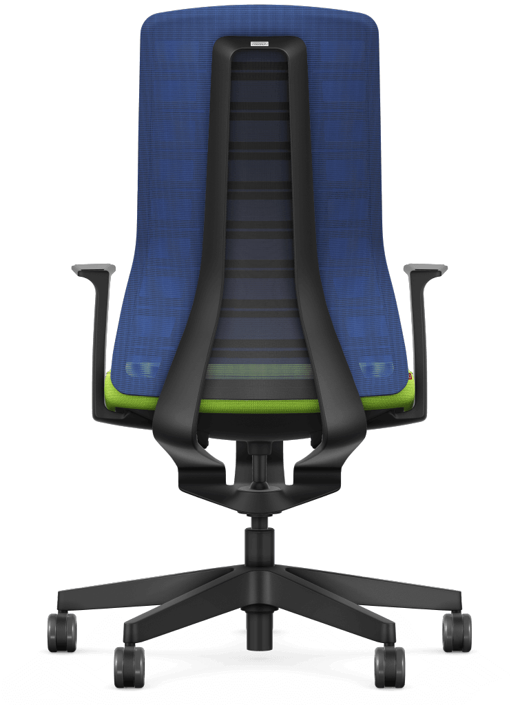 Ergonomic chair with blue mesh back, Smart-Spring technology, and fixed T-armrests for superior movement and comfort.