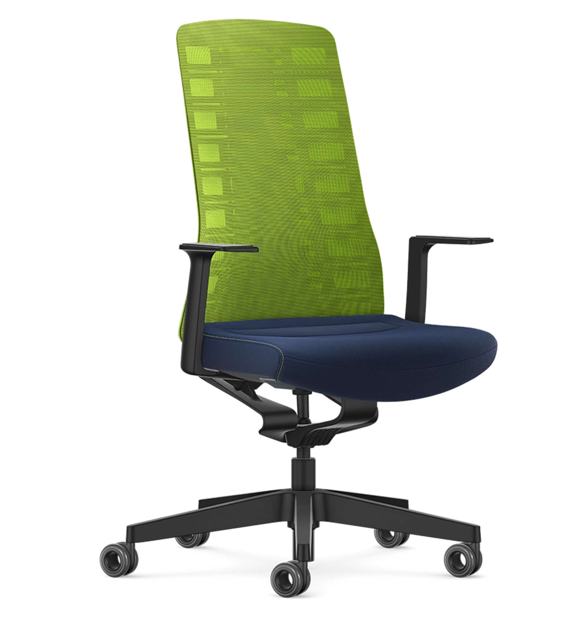 Green mesh office chair with Smart-Spring technology, fixed T-armrests, and ergonomic design for active sitting, PURE ACTIVE Edition #04.