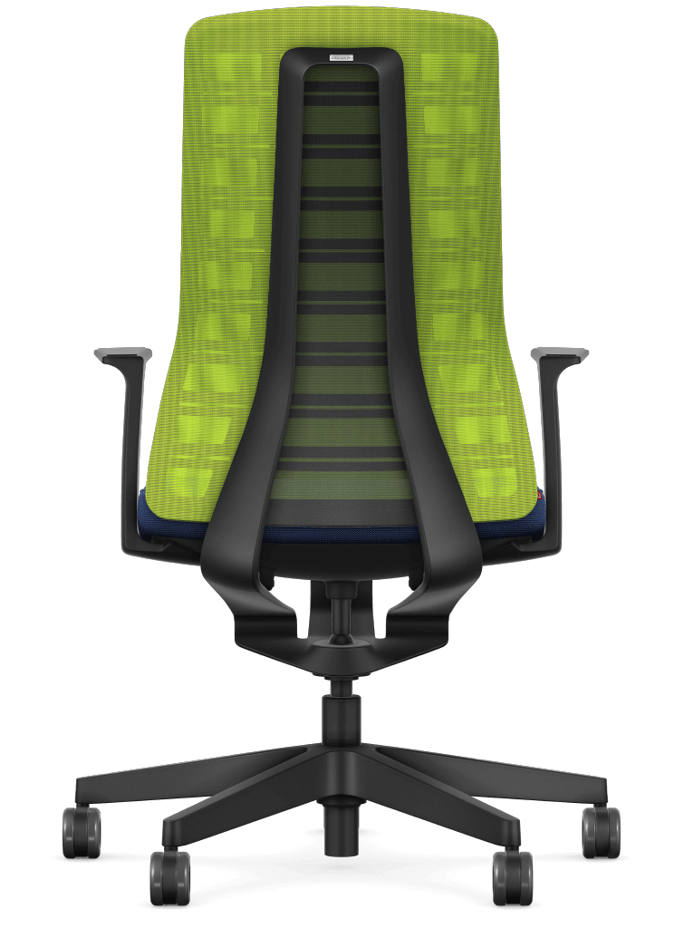 Ergonomic chair with green mesh back and Smart-Spring technology for active sitting. Fixed T-armrests, optional 4D armrests.