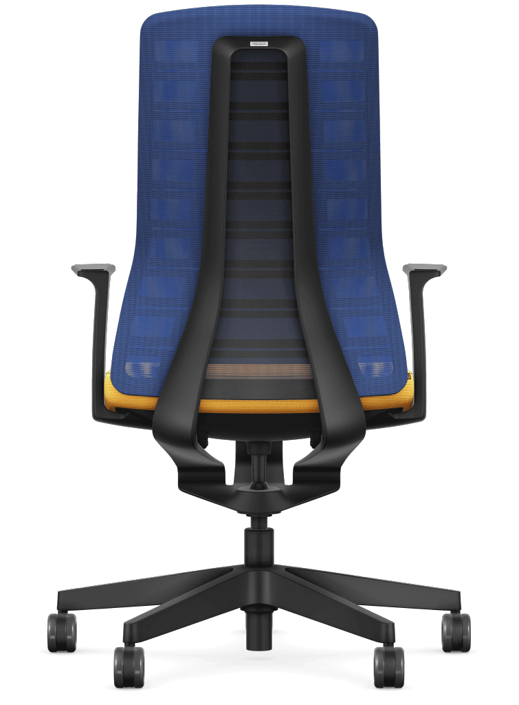 Ergonomic office chair with blue mesh back and fixed T-armrests featuring Smart-Spring technology for active seating and mobility.